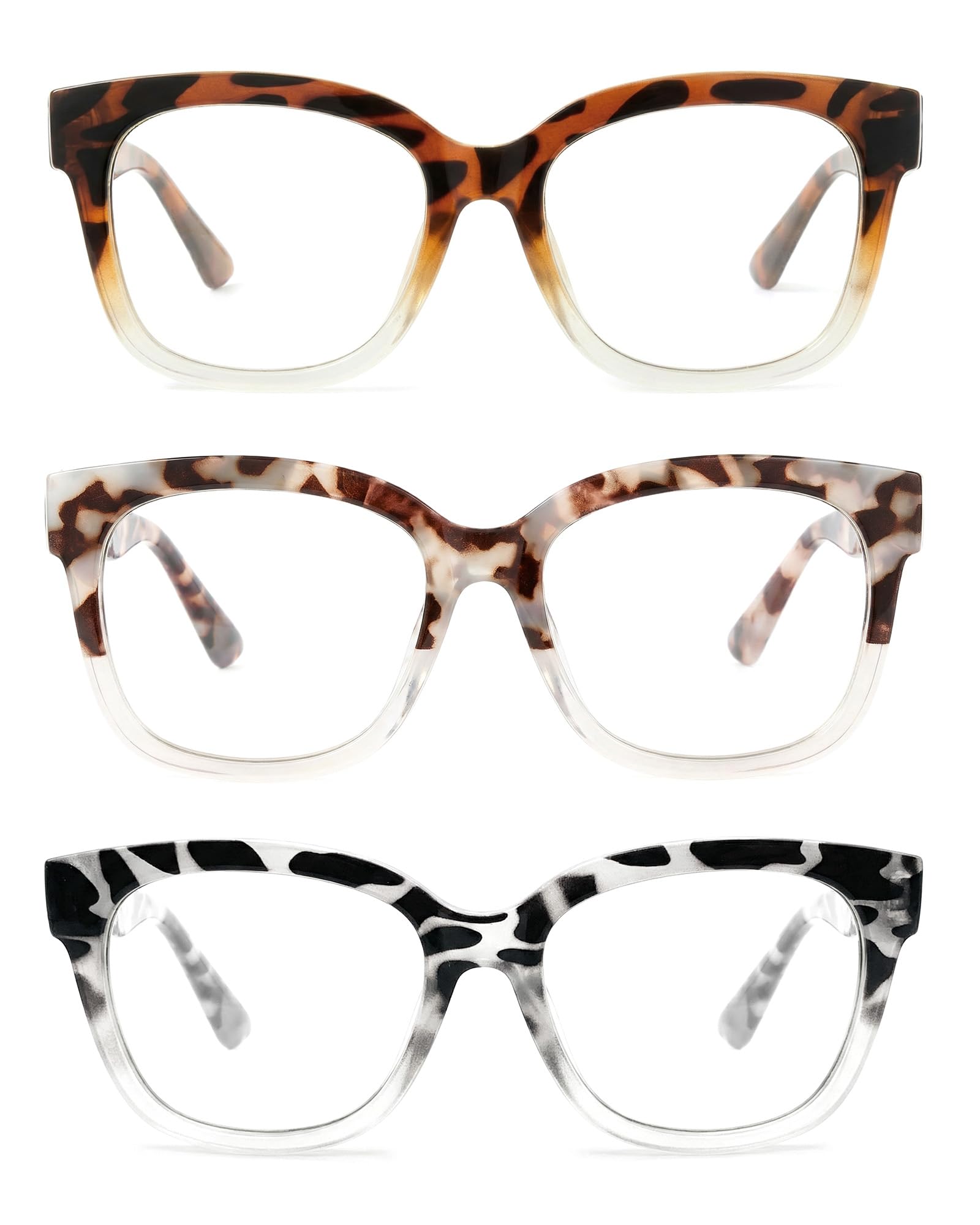 JM 3 Pack Oversized Reading Glasses for Women Large Square Blue Light Blocking Computer Readers Spring Hinge, Demi Tortoise, +0.0