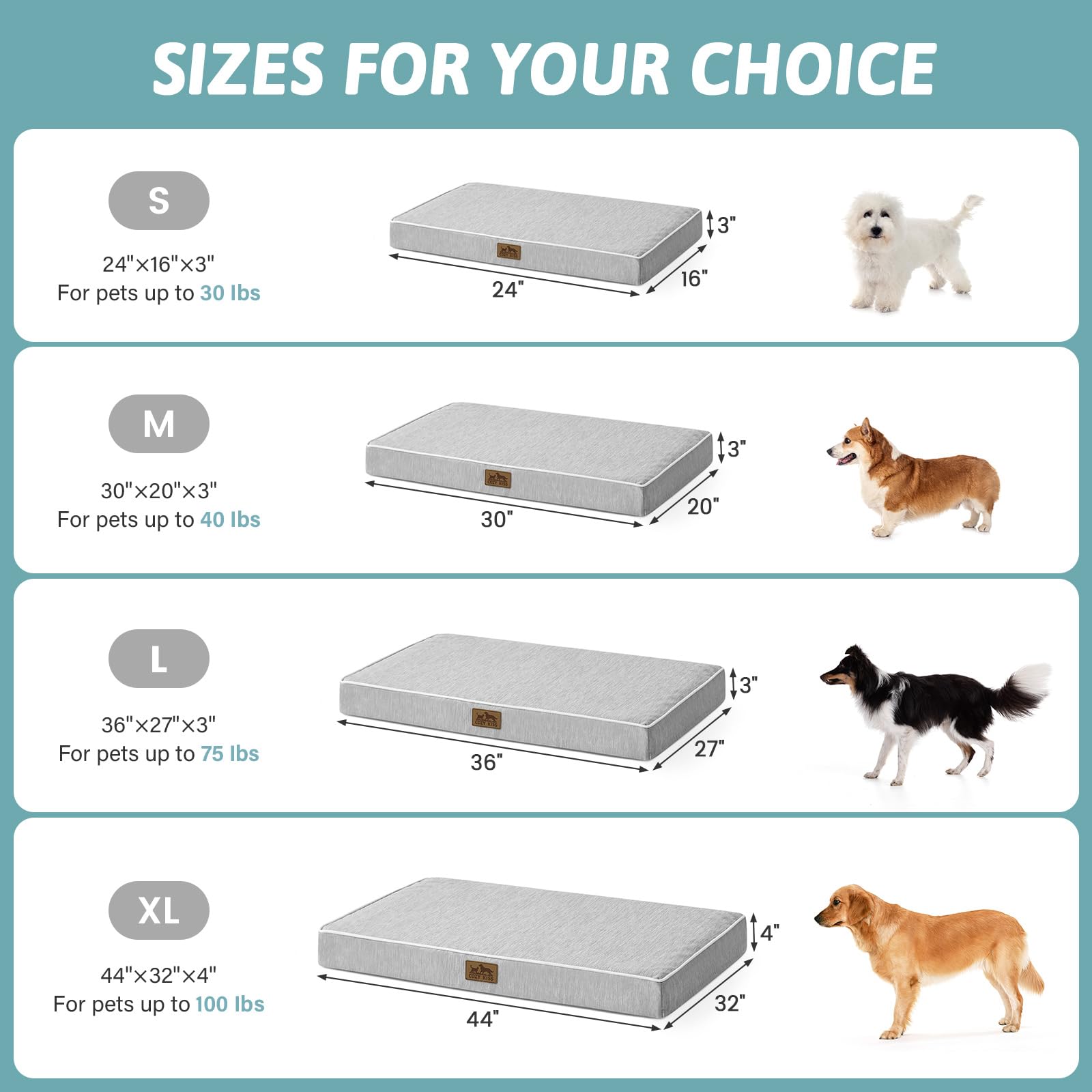 COZY KISS Cama Refrescante Perros Grandes L, Q-MAX>0.4 Cojín Ortopédico Transpirable Espuma Gel, Colchón Lavable Jaula, Funda Desmontable, Antideslizante, 91x69x7.5cm, Gris Plata