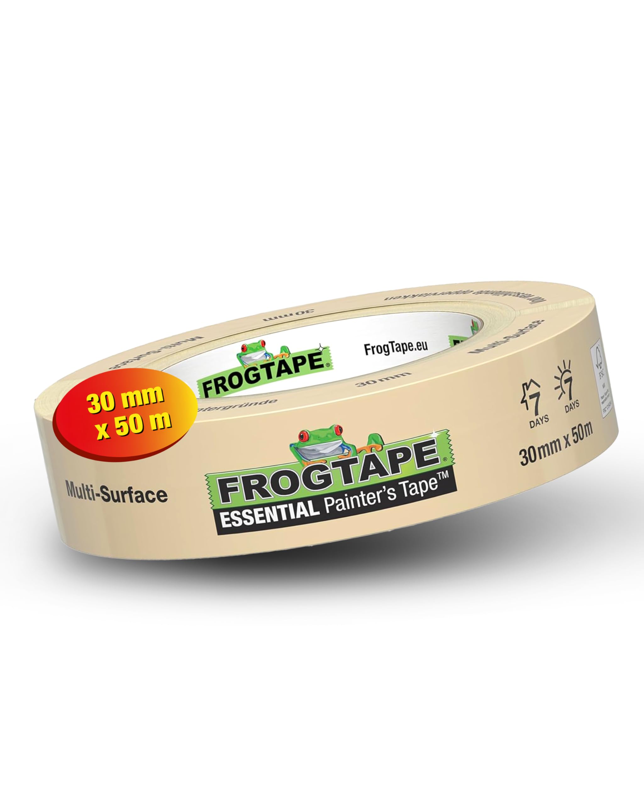 FrogTape Essential Feinkrepp-Malerband 30mm x 50m – Abklebeband Innen & Außen – Hochwertiges Kreppband für saubere Farbkanten – 7 Tage rückstandsfrei – FSC Zertifiziert – Profi Maler Tape