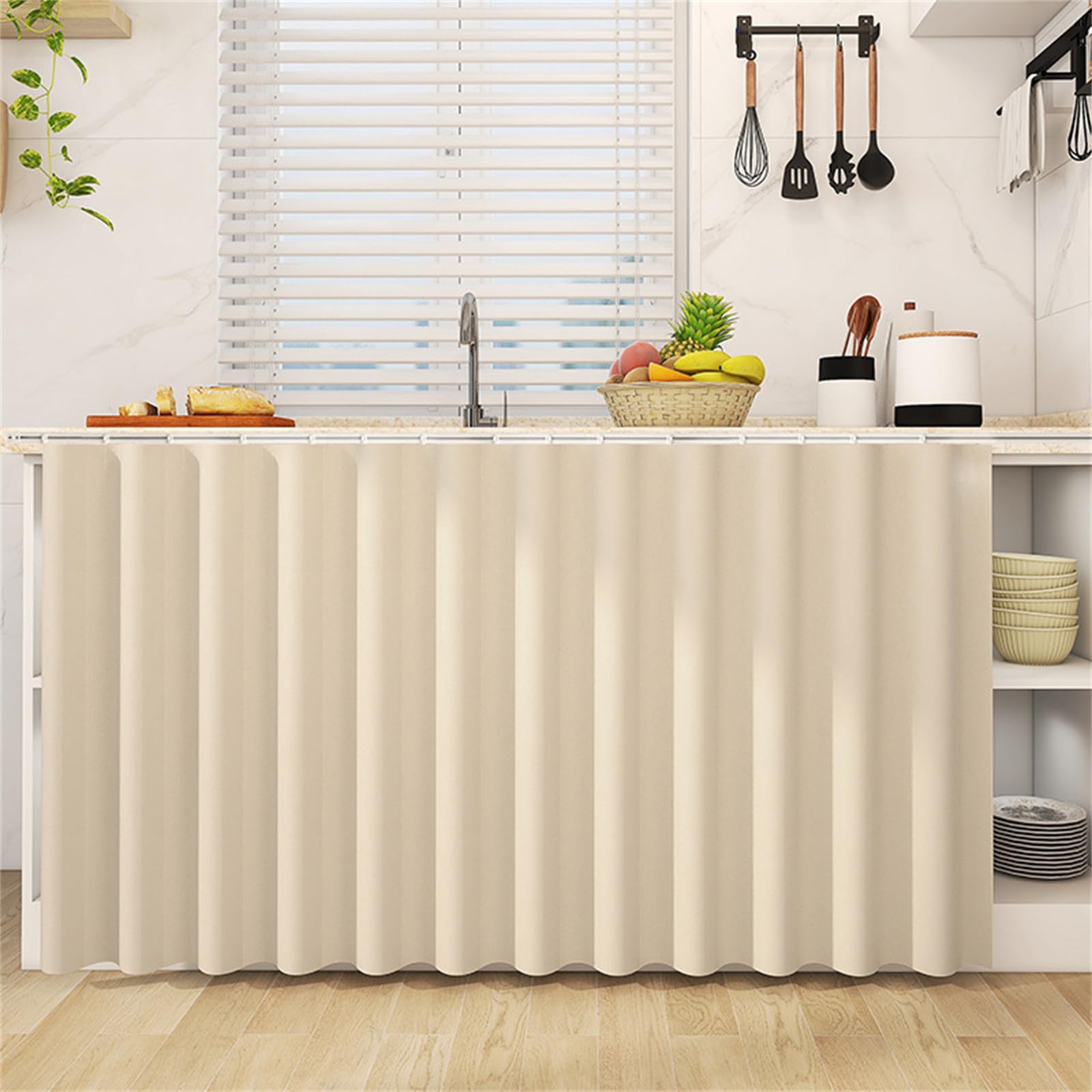 Highdi Cupboard Short Curtain Kitchen, Hide Away Small Curtains for Kitchen Cupboard Door - No Drilling Is Required with Hook and Loop for Under Sink-Solid Colour (Beige,60 * 140cm)