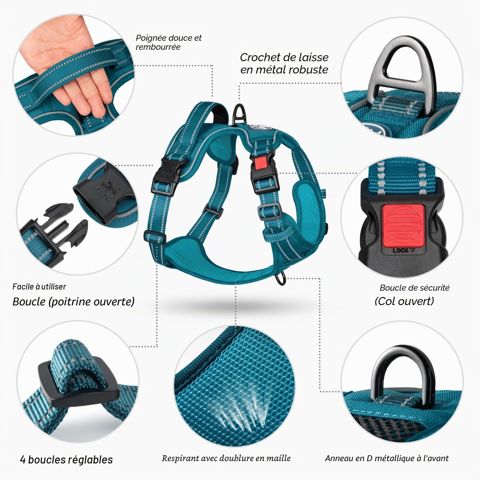 Poypet Harnais pour Chien sans Pull - RéFléChissant - Gilet pour Chien - RéGlable Et Doux - avec PoignéE Easy Control - pour Petits Et Grands Chiens (Bleu Sarcelle,Size, S)