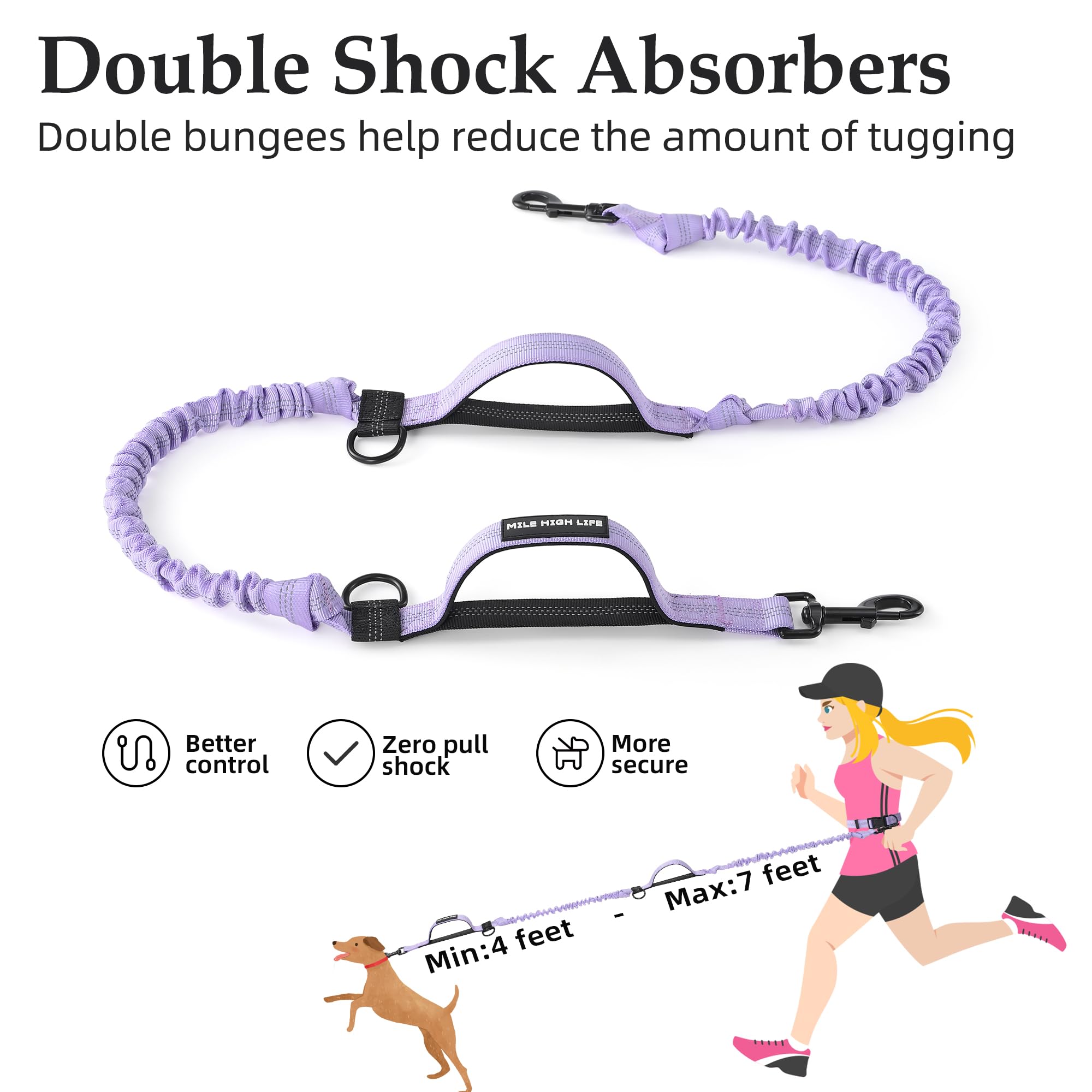 Mile High Life Hands Free Waist Leash for Dog Running Training and Jogging, Adjustable Belt with Double Handle, Reflective Bungee for Medium Large Dogs (Light Purple, 7FT) - image 3