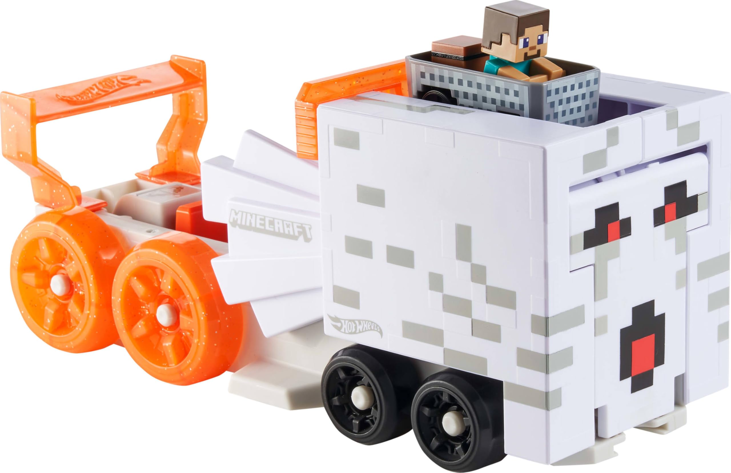 Hot Wheels RacerVerse Minecraft Ghast - Set di pista per auto giocattolo, lanciatore e trasportatore su larga scala con veicolo Steve pressofuso