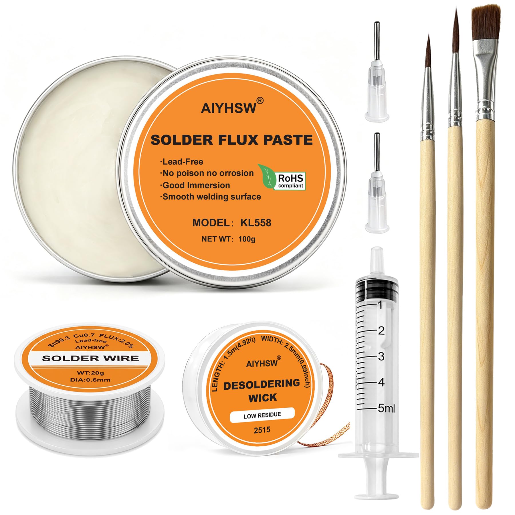 100g Pasta para Flux Soldar Estaño Sin Plomo Alambre de Soldadura | Flux Soldar 20g 0.6mm Sn99.3% Cu0.7% Trenza,1.5 M x 2.5 MM Malla Desoldadora,para Reparación de BGA/IC/CPU/PCB/SMD