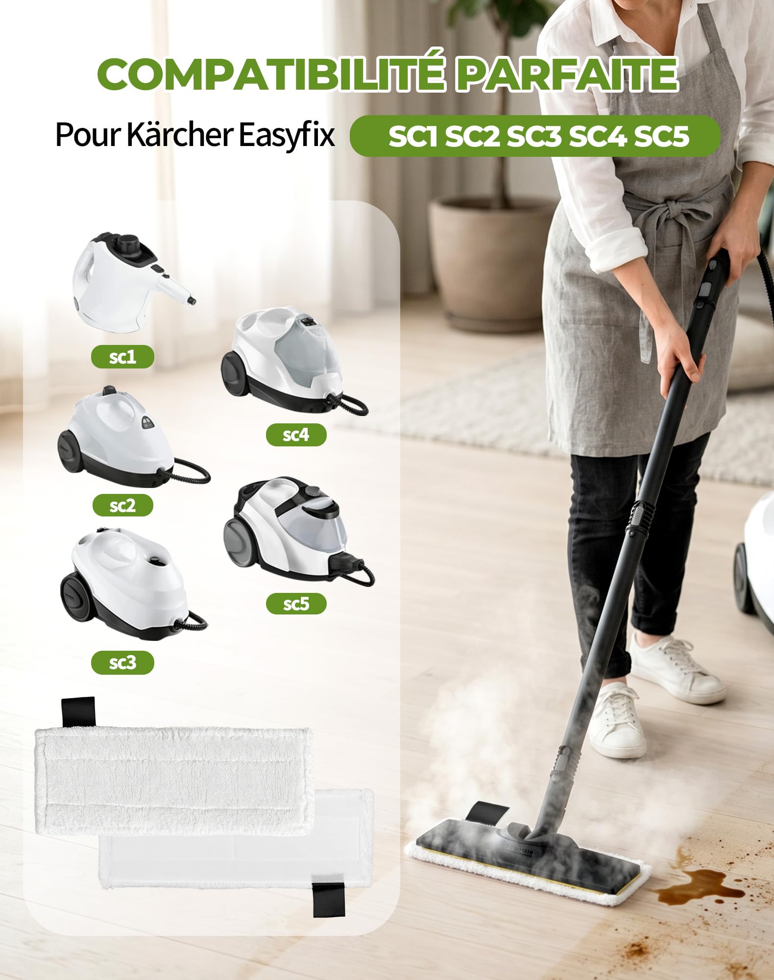 8 pcs Accessoires pour Kärcher SC2 SC3 SC4 SC5 Serpillières pour Karcher Lavettes Lingettes pour Nettoyeur Vapeur EasyFix