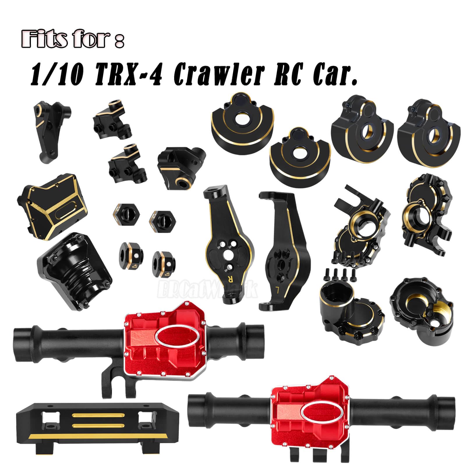 BRCatWPark RC Upgrades Part for 1/10 TRX4,Brass Front & Rear Portal Axles,Diff Covers,Inner & Outer Portal Cover Housing,Axle Mount,Caster Blocks C Hub Carrier,Hex Hub w/Red Diff Covers,Black