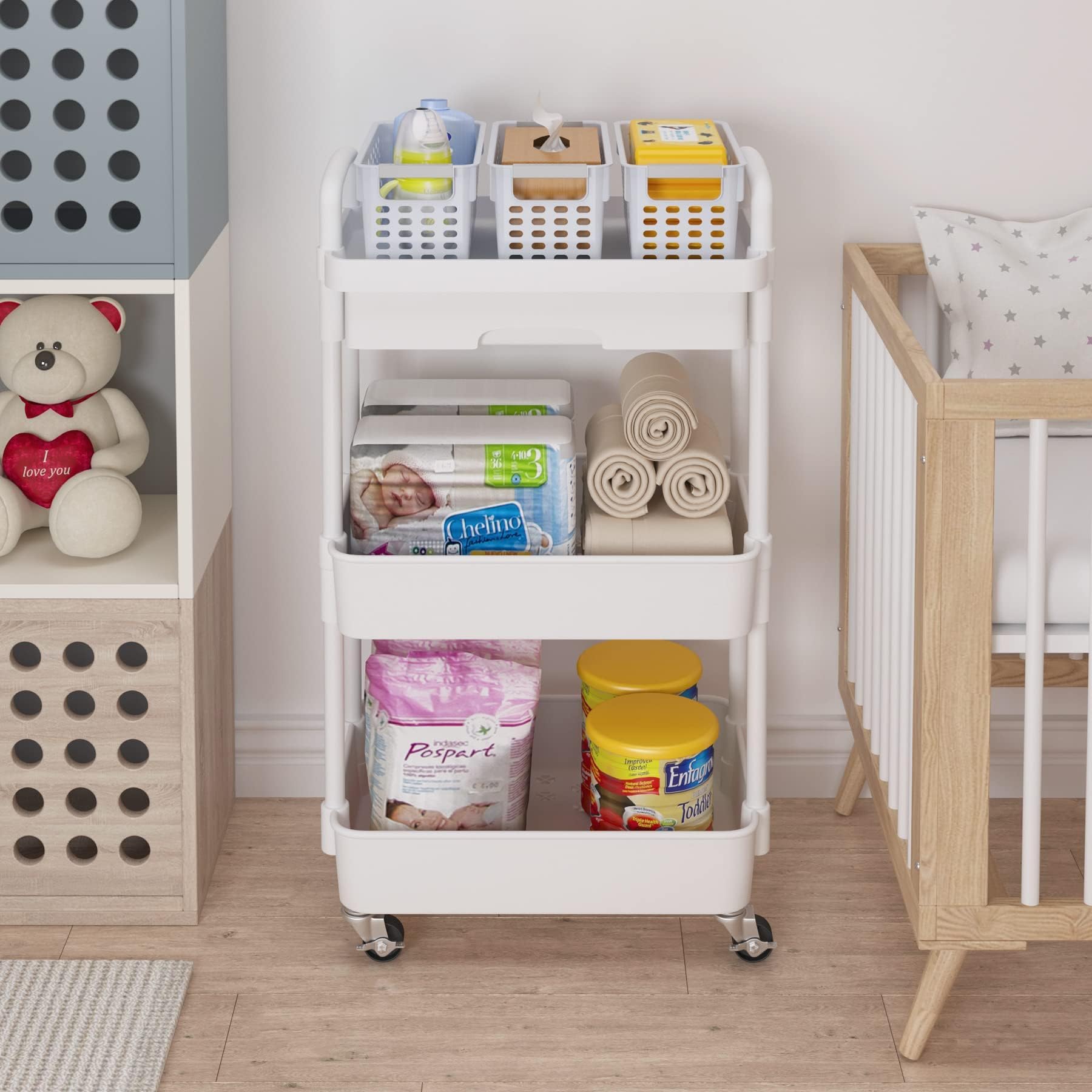 3 livelli Carrellino con Ruote Portatutto con Cassetto Salvaspazio Carrello Portaoggetti per Bagno Cucina Plastica