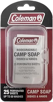 Coleman Camp Soap Sheets – 25 Travel Soap Sheets for Camping, Hiking & Backpacking – Perforated for 50 Washes, Dissolves Instantly in Hot or Cold Water, TSA-Approved for Travel