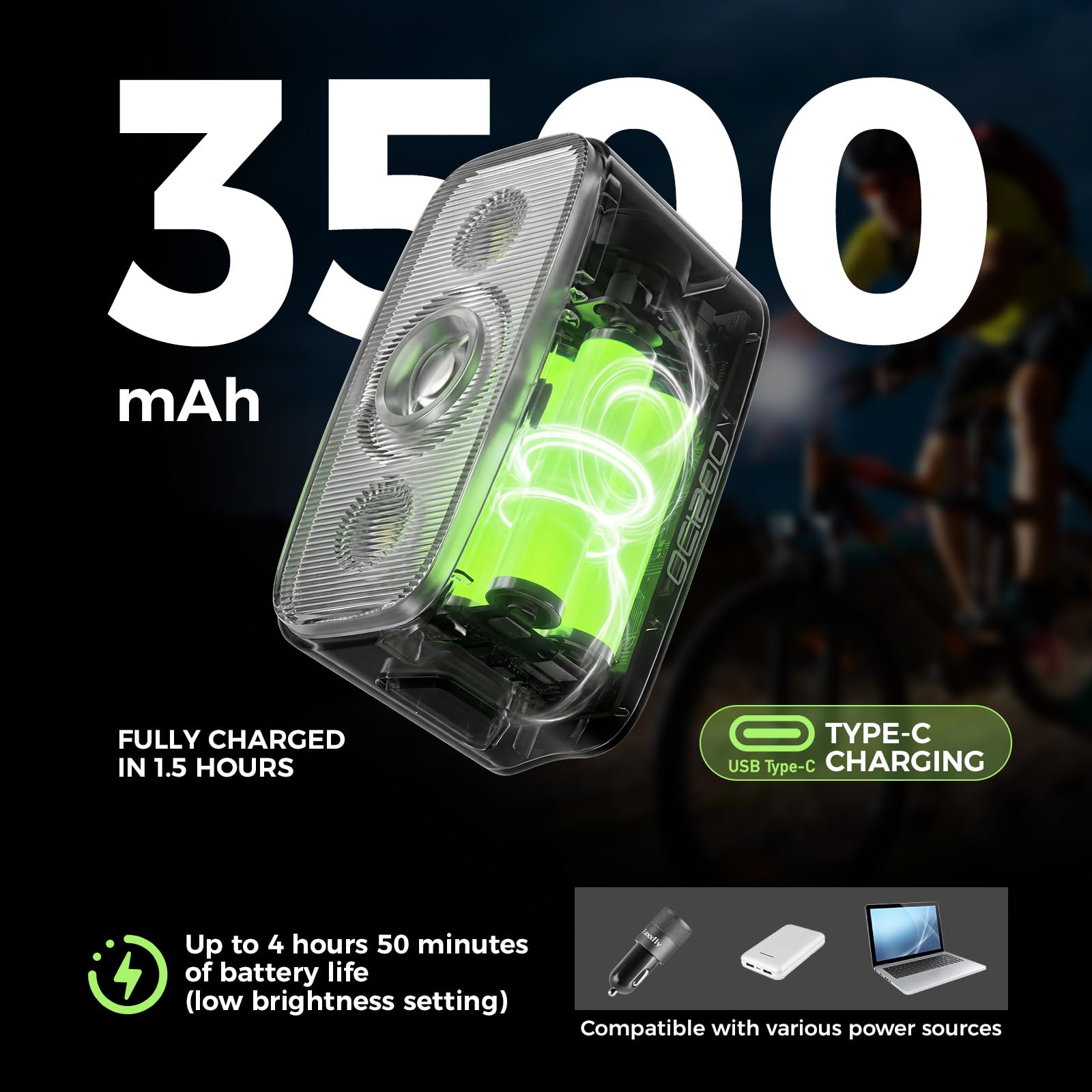 ROCKBROS Luce Bici Anteriore 1200 Lumen, Faro LED USB Ricaricabile 3500mAh, Fascio Antiriflesso, 3 Modalità di Illuminazione, Impermeabile IPX6, per MTB, Bici da Corsam, Città