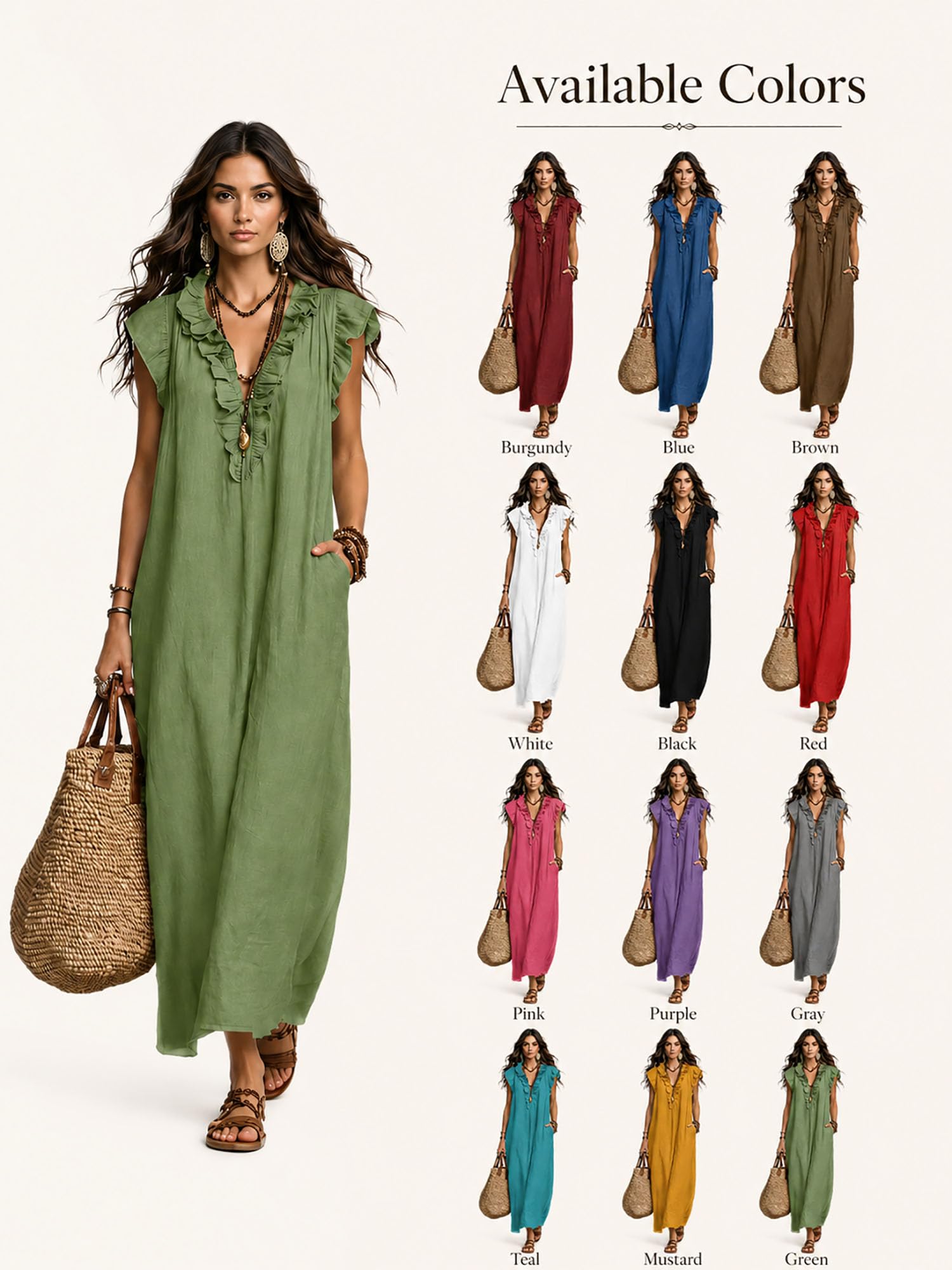 Boho Dresses for Women, Linen Look Maxi Dress V Neck Ruffle cap Sleeve Loose Long Dress with Pockets, Summer Beach Outfit