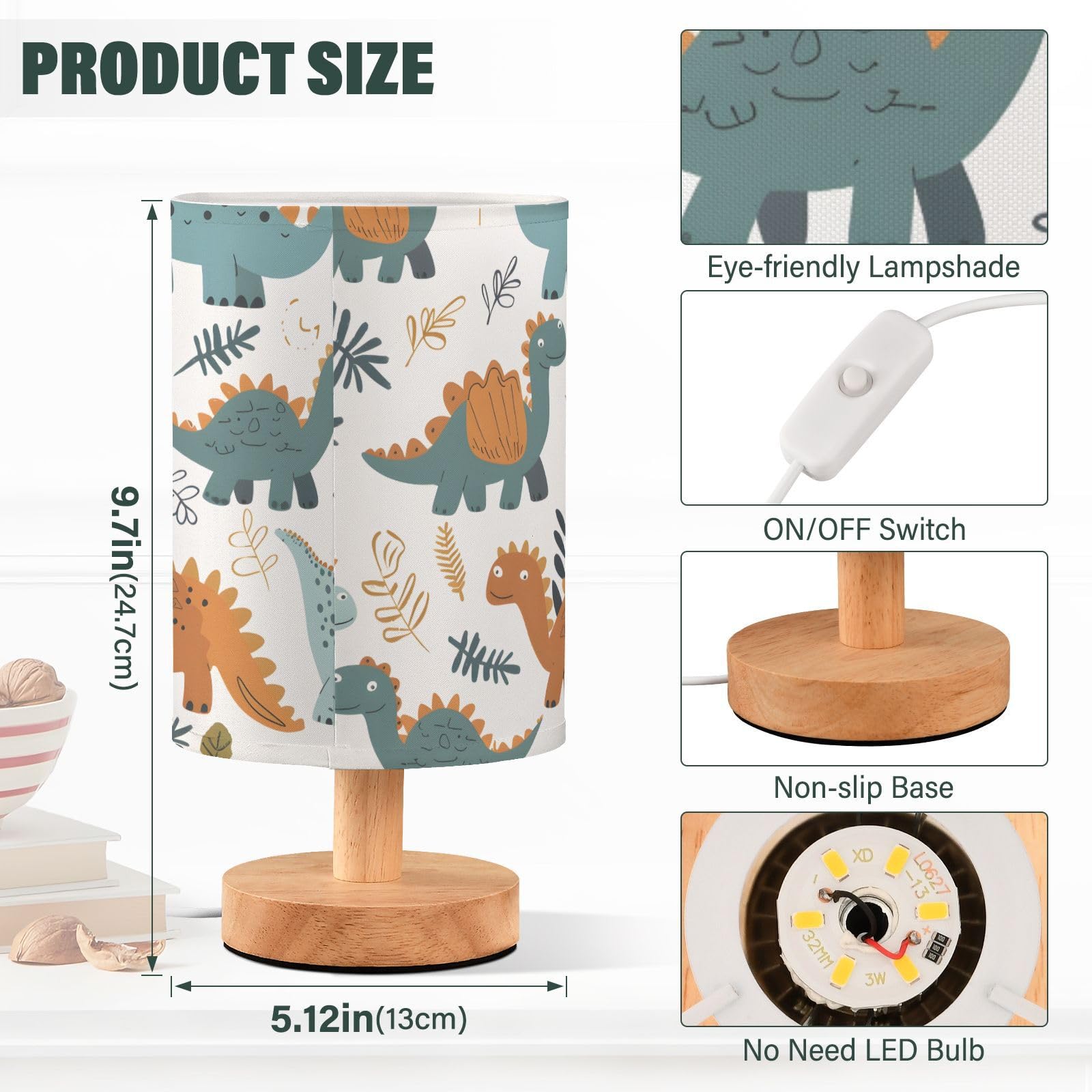 ALAZA Lámpara de mesa de noche con diseño de dinosaurio verde para niñas y niños, con puerto USB, LED, base de madera, decoración de sala de estar