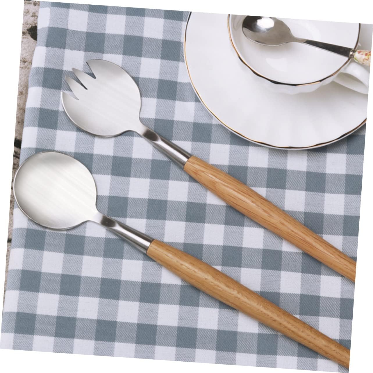2-piece Salad Fork and Spoon Set Silverware Wooden Handle Modern Cutlery for Lunch Box Easy to Wash