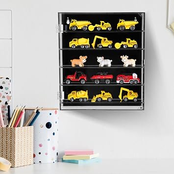 Acrylic Display Case, 30 x 26 x 5 cm Wall Cabinet for Toy Cars | Hinged door, five divided rows, black backing for contrast, dust-resistant organiser for miniatures and small collectables