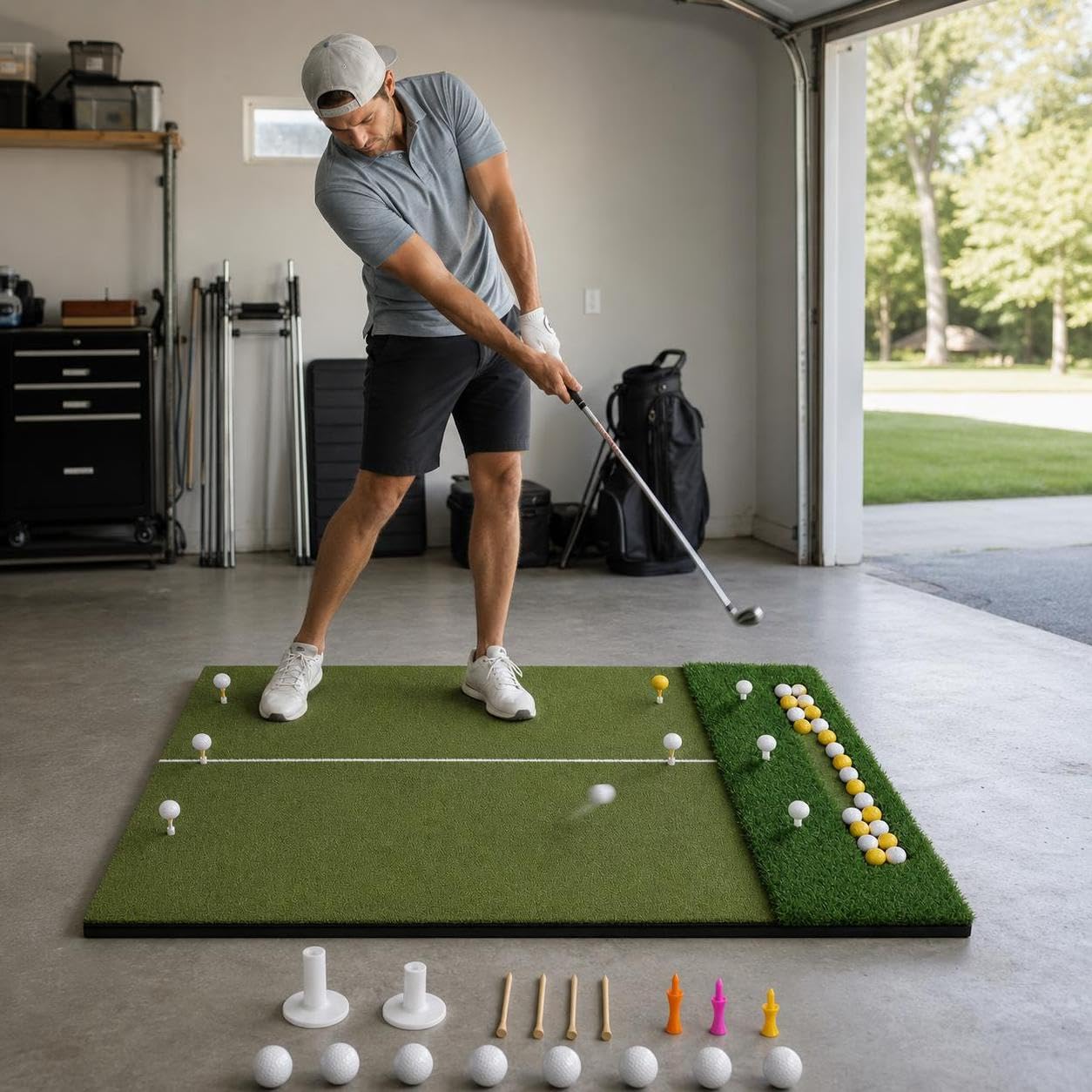 Alfombrilla Golf Doble césped con Banja Bolas, para práctica en casa, para el Juego