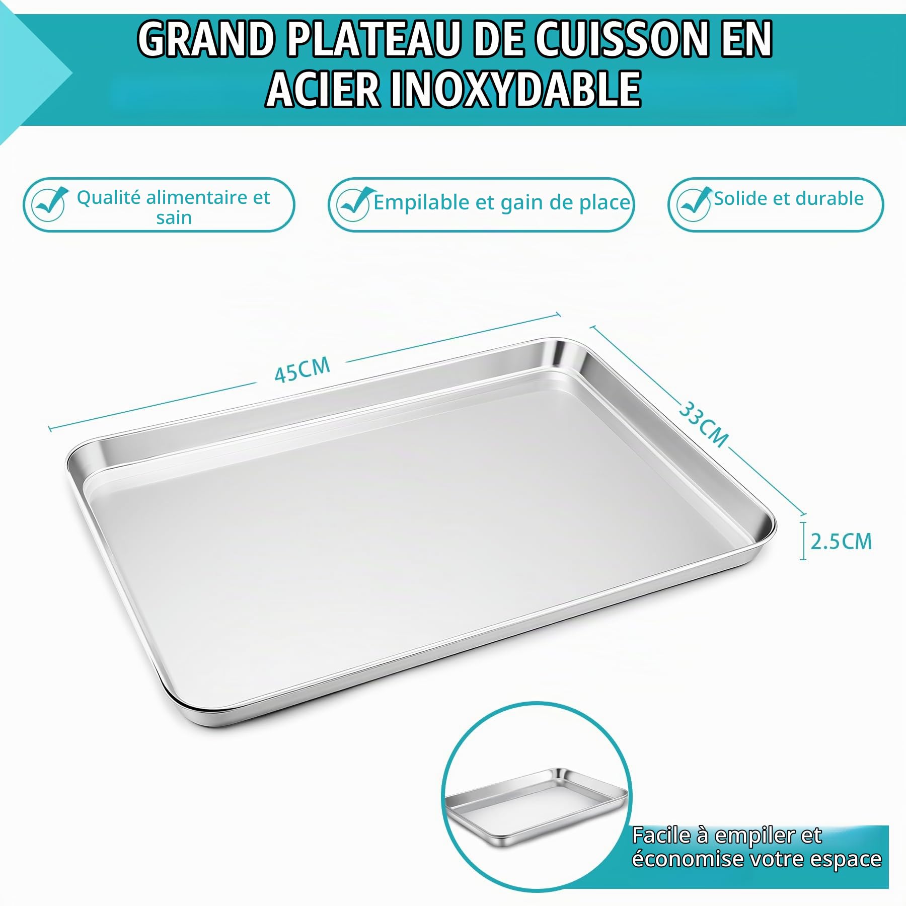 HaWare Lot de 2 plaques de cuisson extra larges en acier inoxydable – 45 x 33 x 2,5 cm, plaque à biscuits pour la cuisson, le service, saine et non toxique, facile à nettoyer et passe au