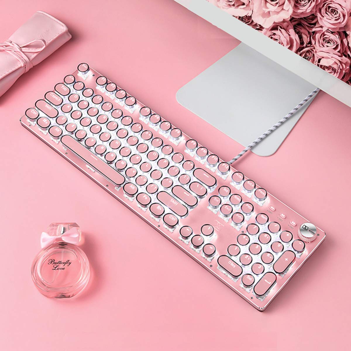 Teclado para juegos, retroiluminado de metal, retro, punk, interruptores azules, cable USB para PC, laptop, computadora de escritorio, gamer, teclado mecánico rosa, polvo de cerezo blanco