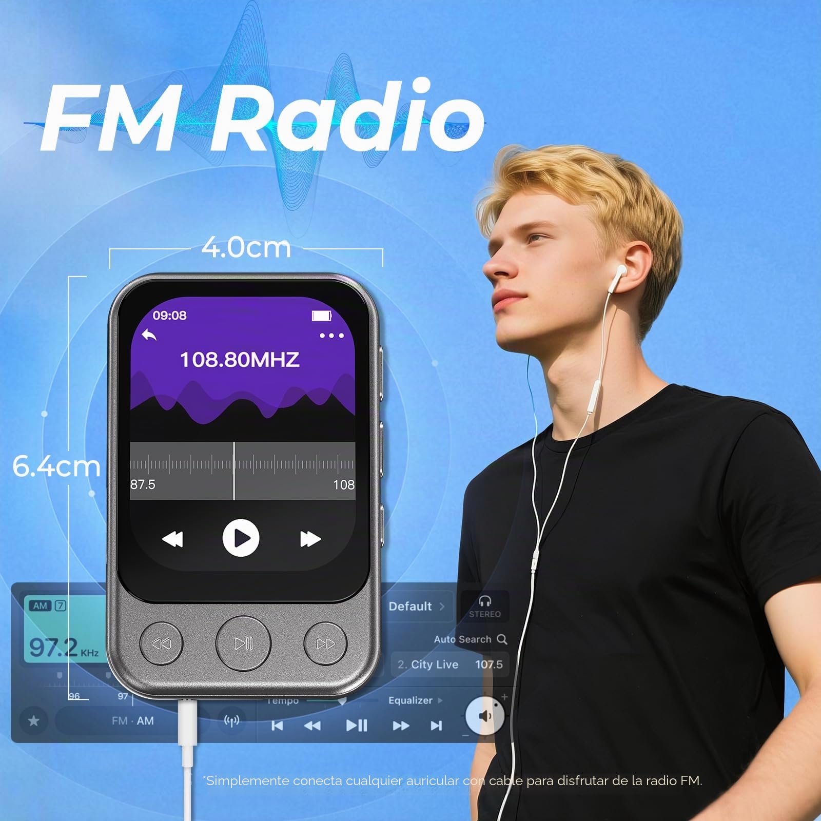 32GB Reproductor MP3 Bluetooth 5.3 con Clip y Altavoz, Reproductor de Música Deportivo con Pantalla Táctil y Botones, Control de Volumen Independiente, Radio FM, Ampliable hasta 128GB