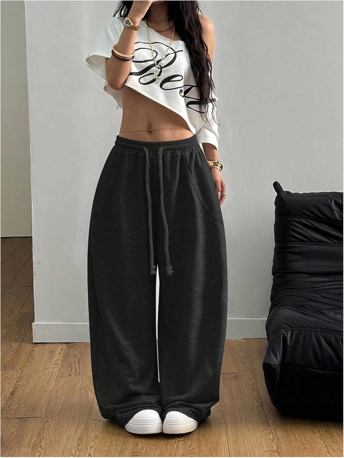 GORGLITTER Women's Y2K Baggy Sweatpants Wide Leg Barrel Pants Elastic Waist Oversized Drawstring Sweats - Image 6