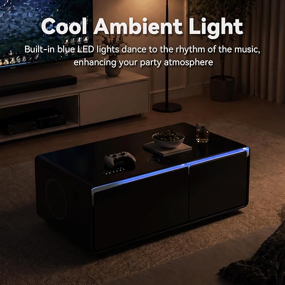 Smart Coffee Table with 93L Fridge Drawers, 15W Wireless Charging, Speaker