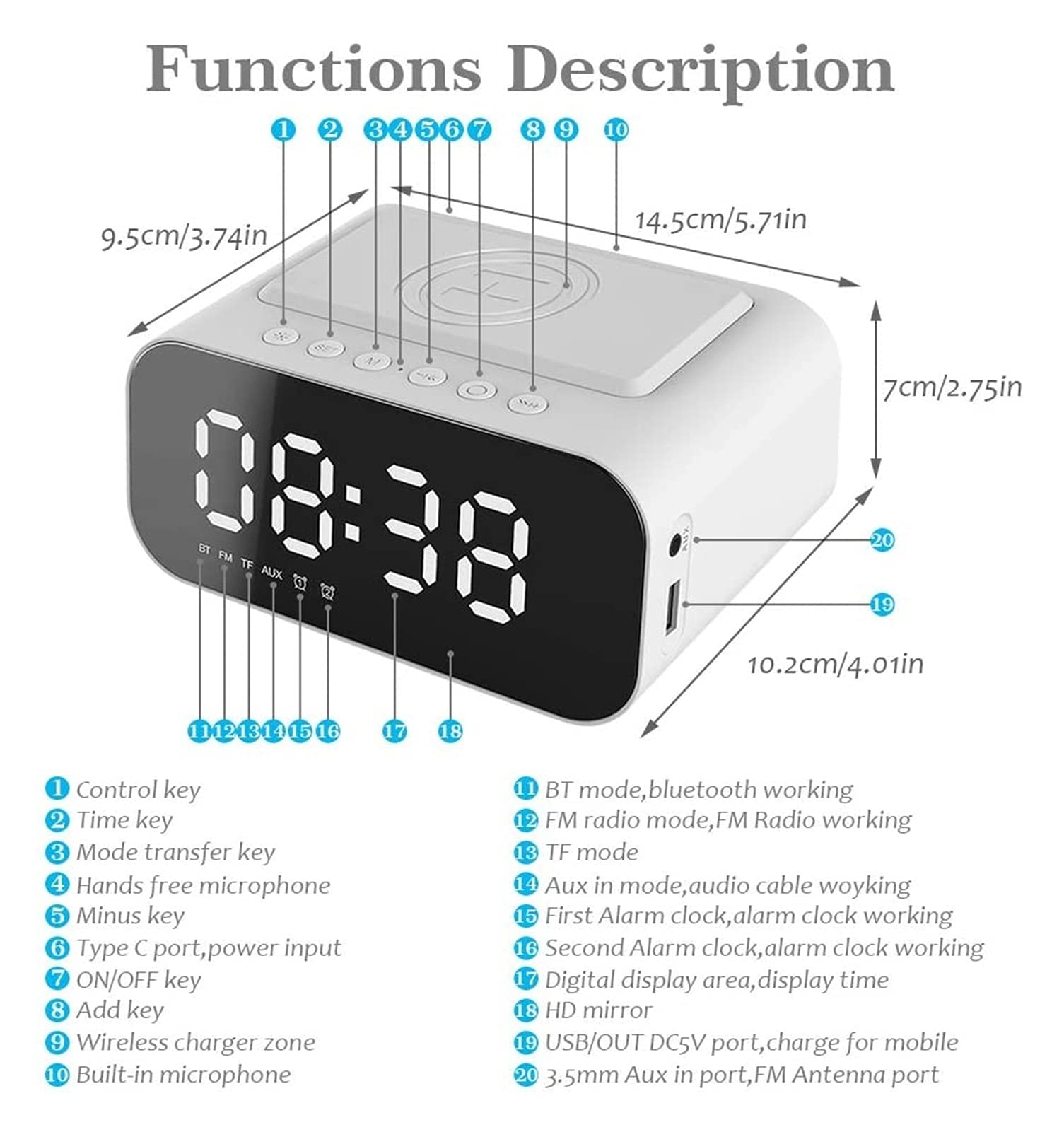 Reloj de Alarma Digital, GEYUEYA Inicio Relojes Digitales Radio Altavoz con USB Puerto y Carga inalámbrica, Alarma Dual, 3 Brillo Regulable, TF- Jugador de Cartas, Grande DIRIGIÓ Pantalla para