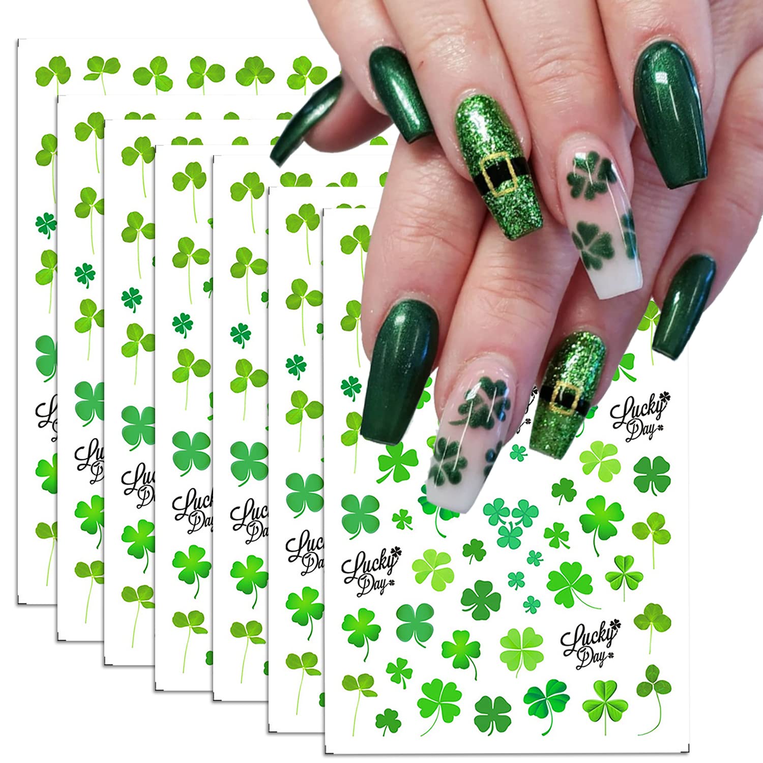 8 Sheets St. Patrick's Day Nail Art Stickers Spring Decals Green Shamrock 3D Self-Adhesive Nail Stickers Cute Designs Nail Supplies Nail Decorations Holiday DIY Nail Accessories for Women and Girls