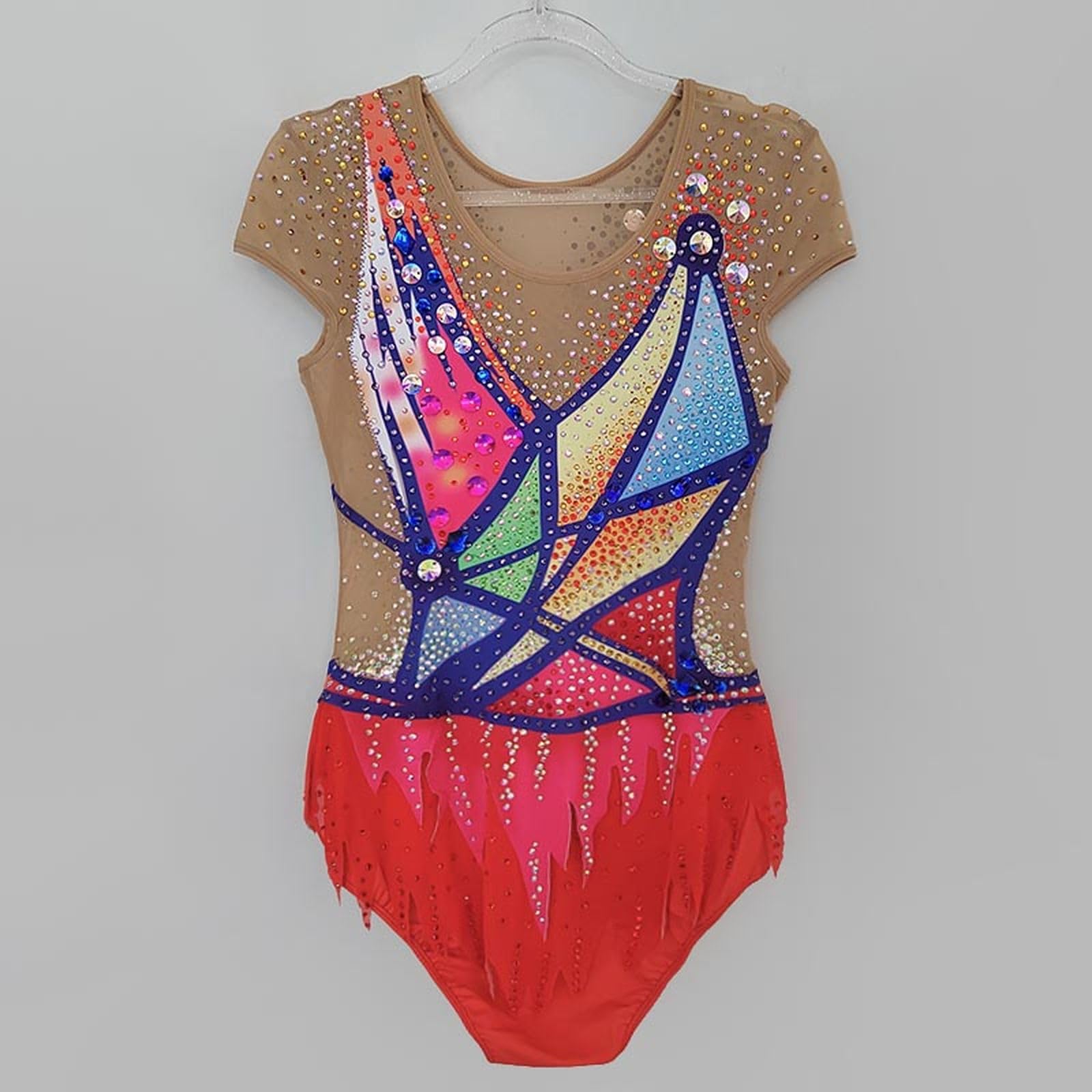 LIUHUO Maillot de gimnasia rítmica rojo geométrico manga corta ropa de rendimiento para niñas