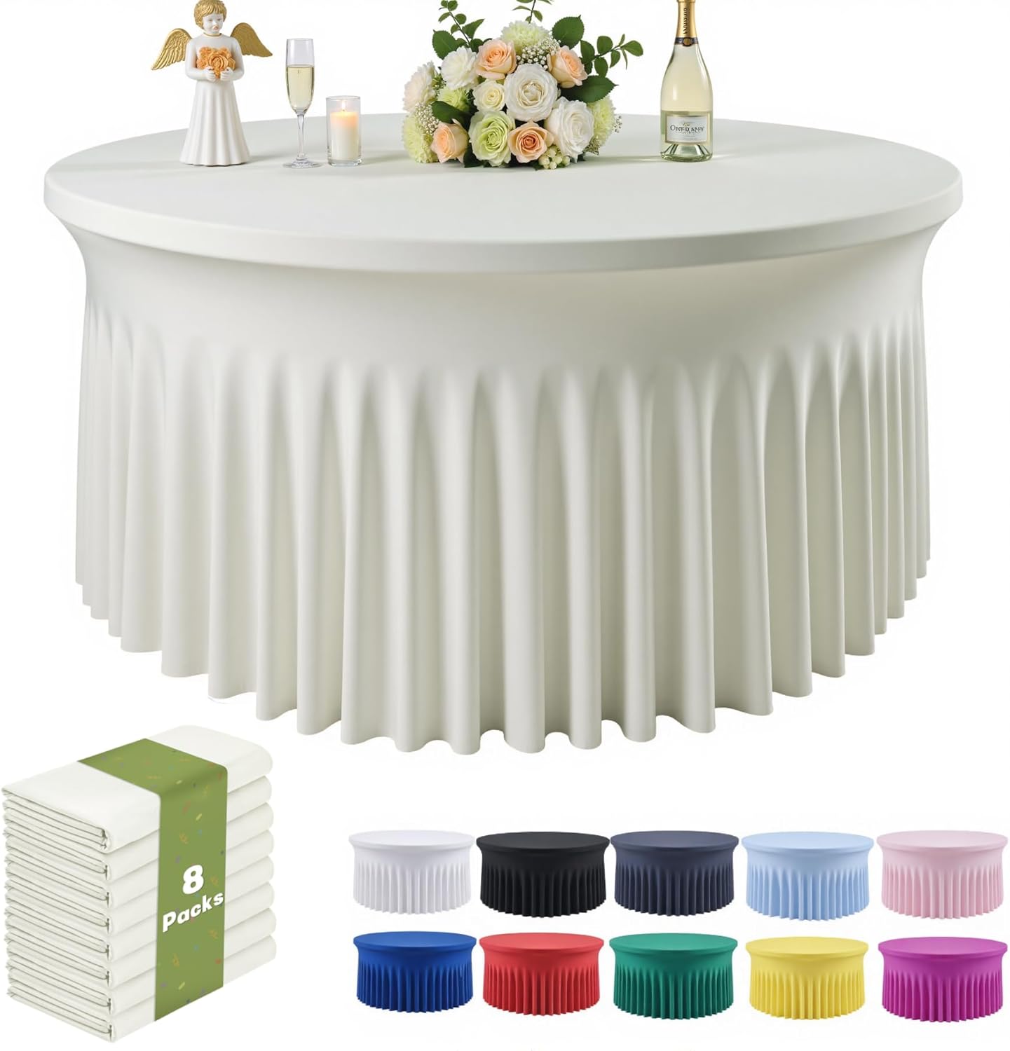 Outpain 8 Pack Ivory 72inch Spandex Round Tablecloths, Stretchy 132inch Fitted 6FT Round Table Cloths, Wrinkle Free Table Cover with Skirt for Wedding Party Dining Banquet Ivory 72inch(8Pack)
