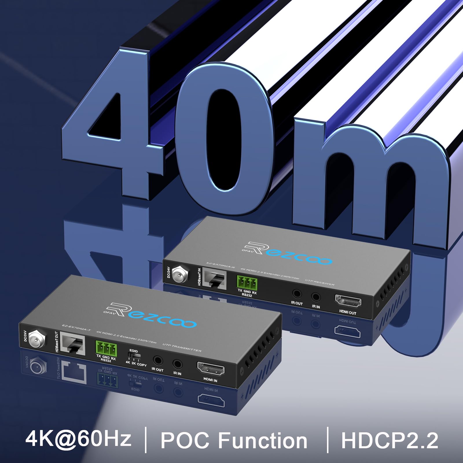ROFAVEZCO HDMI Extender over Ethernet, 4k60 non compresso 18G/BPS su singolo Cat5/6 fino a 40m(165ft), RS232+POE+IR+HDCP2.2, HDR e Atmos, CEC, EDID Management.