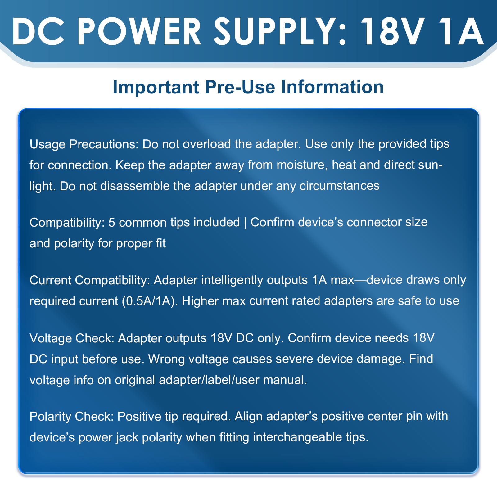 18V 1A AC to DC Power Supply Adapter, 100-240V Charger 18 Volt 100mA~1000mA with 5 DC Connector Center Positive for 18V Logitech Radio, Speaker, Sound Bar (Not for Drill or Guitar, Not for Battery) — view 5