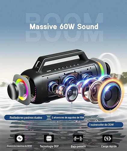 Miniatura 2 de Ortizan Altavoz Bluetooth portátil, pico de 80 W, graves arriba, tiempo de reproducción de 20 horas, IPX7 impermeable, luces RGB, emparejamiento