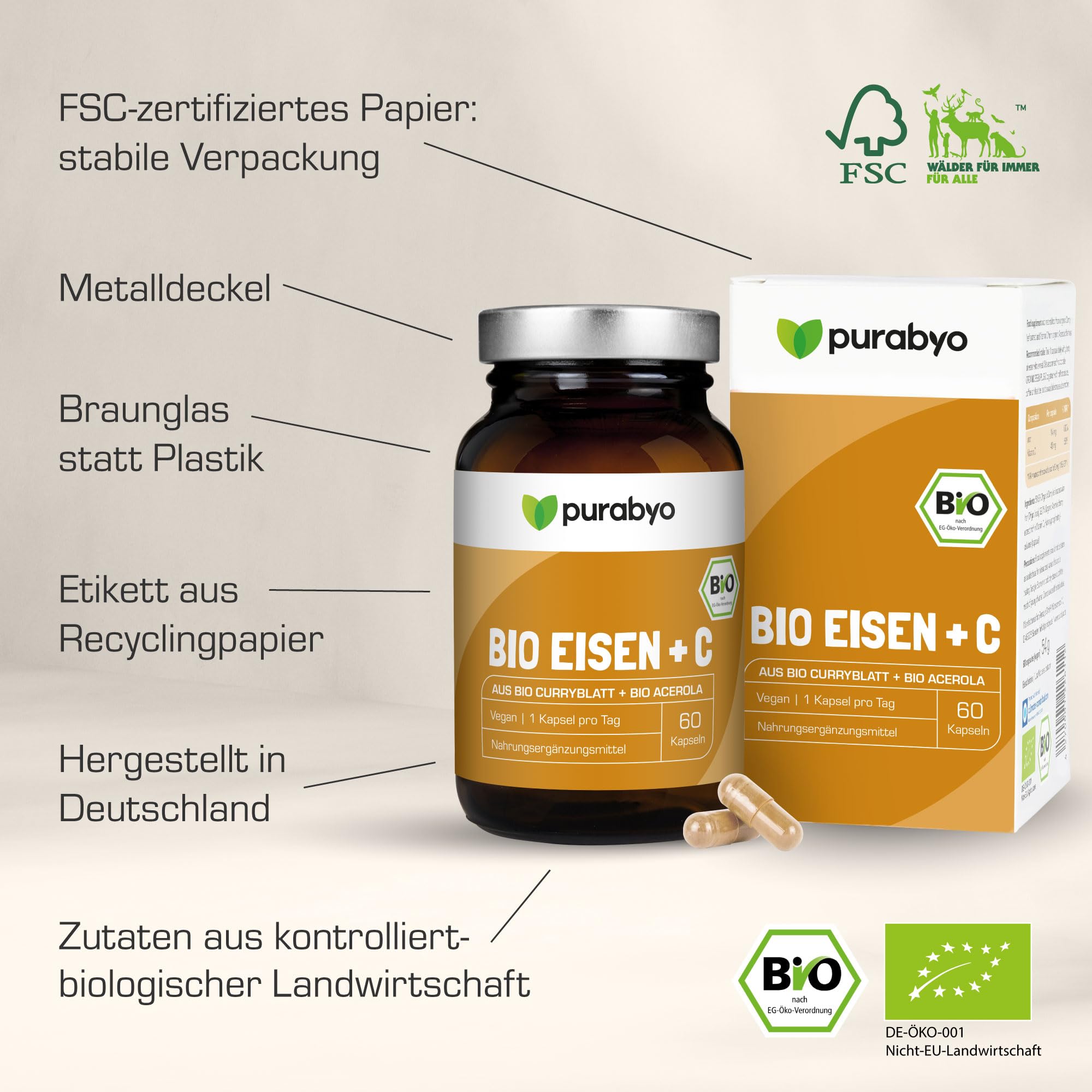 Purabyo BIO Eisen aus Curryblatt mit 40 mg natürlichem Vitamin C aus BIO Acerola | im Glas | 18 mg Eisen mit 129% NRV | Nur 1 Kapsel täglich | vegan, laborgeprüft und in Deutschland hergestellt