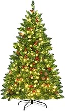 COSTWAY 4.5FT/5FT Pre-Lit Artificial Christmas Tree, Hinged Xmas Tree with Branch Tips, LED lights, Pine Cones & Red Berries, Christmas Decor for Holiday Home Office (Warm White Lights, 135 cm)