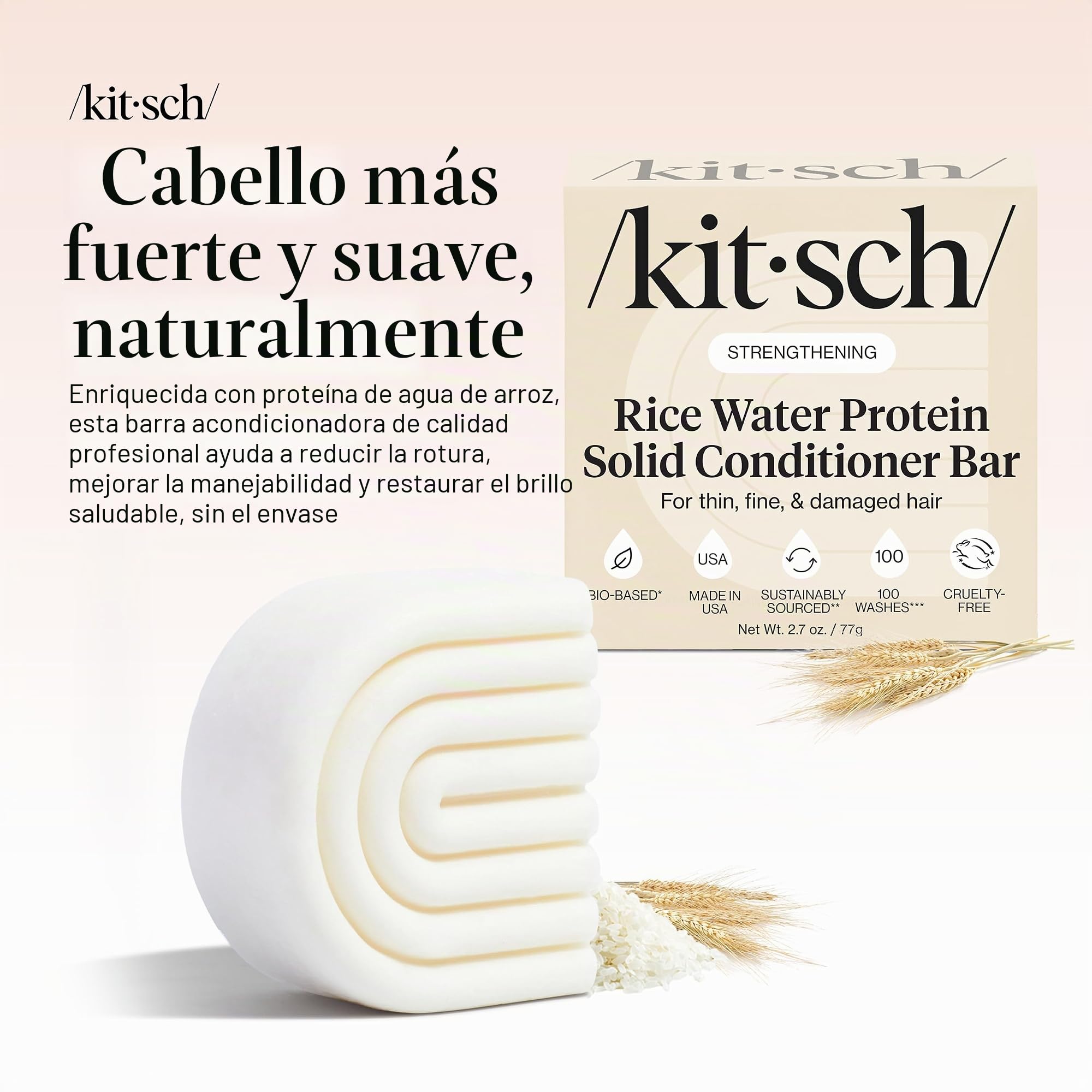 Kitsch Barra acondicionadora con agua de arroz – Barra de acondicionador sólida para fortalecer e hidratar el cabello, acondicionador para mujeres, mejor par con barra de champú Kitch, sin parabenos