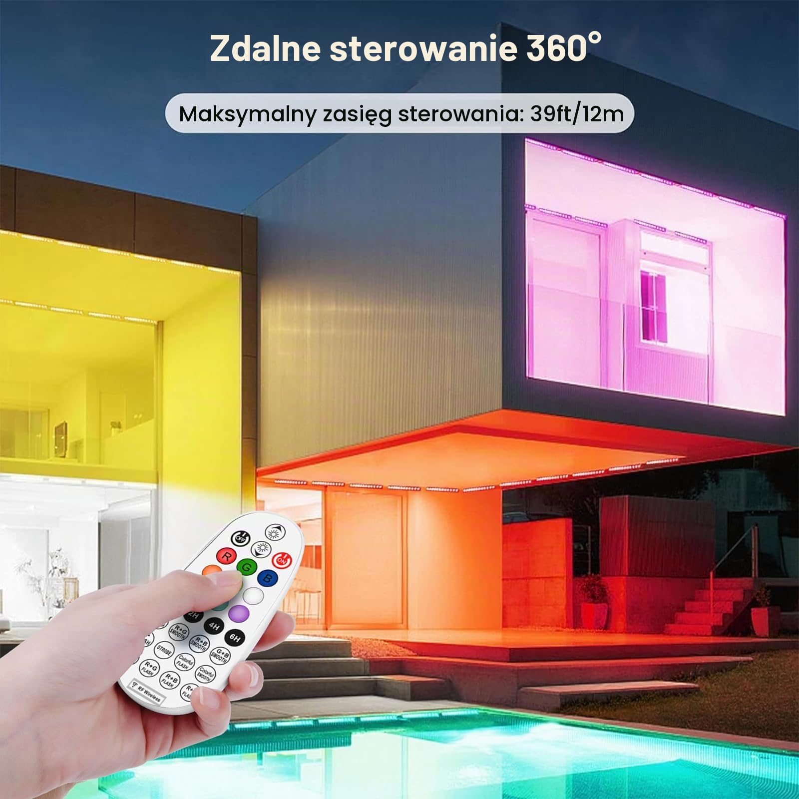 Linke Lampa ścienna LED 42 W, z pilotem zdalnego sterowania, reflektor RGB LED, 10 kolorów, 30 trybów, wodoszczelność IP66, oświetlenie imprezowe, z funkcją timera, do użytku na zewnątrz, do ogrodu,