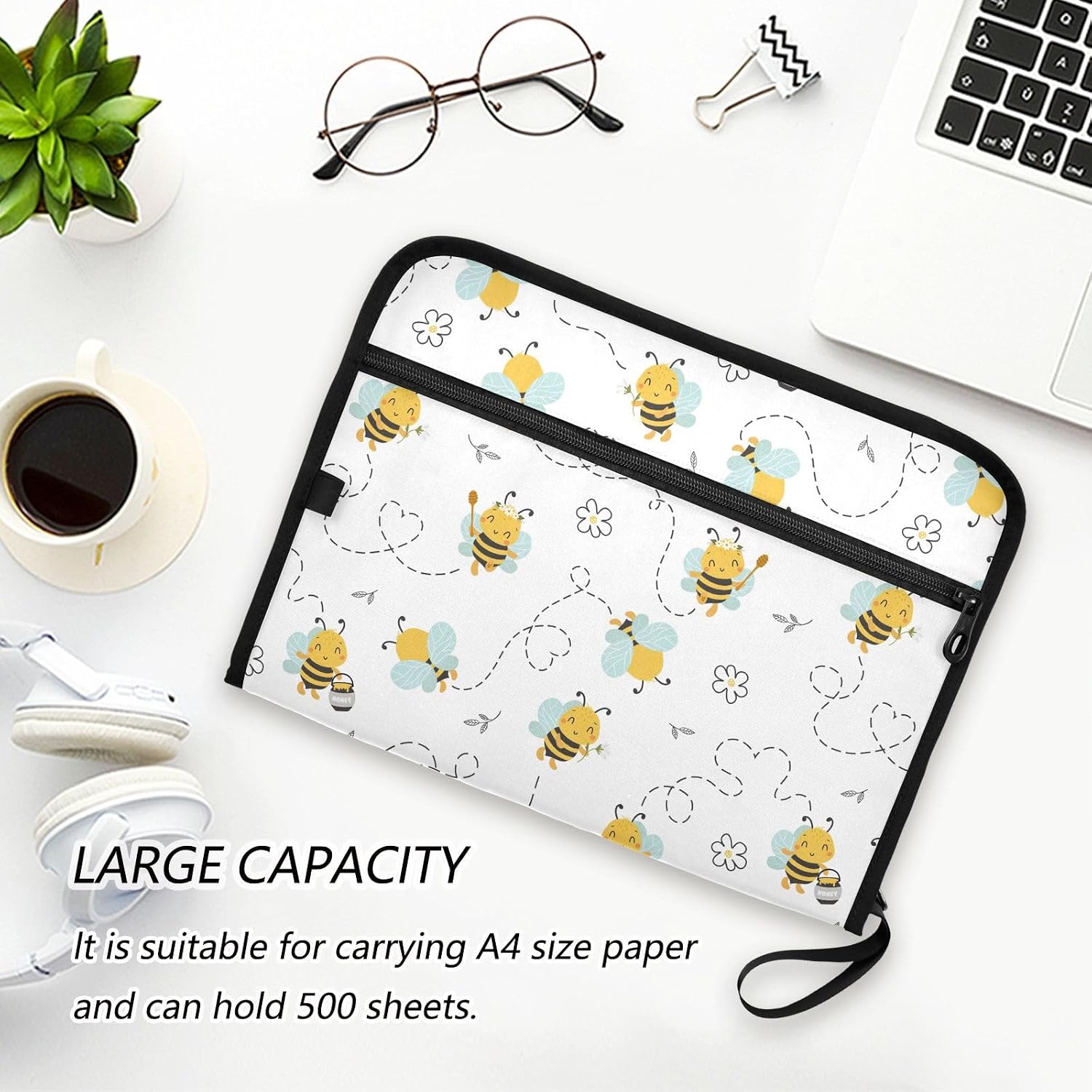 Cute Bee Doodle Flower File Folders,Plastic Folders with 13 Pockets,Expandable File Folder for Documents School Students Office,Aesthetic Folder with Labels A4 Letter Size