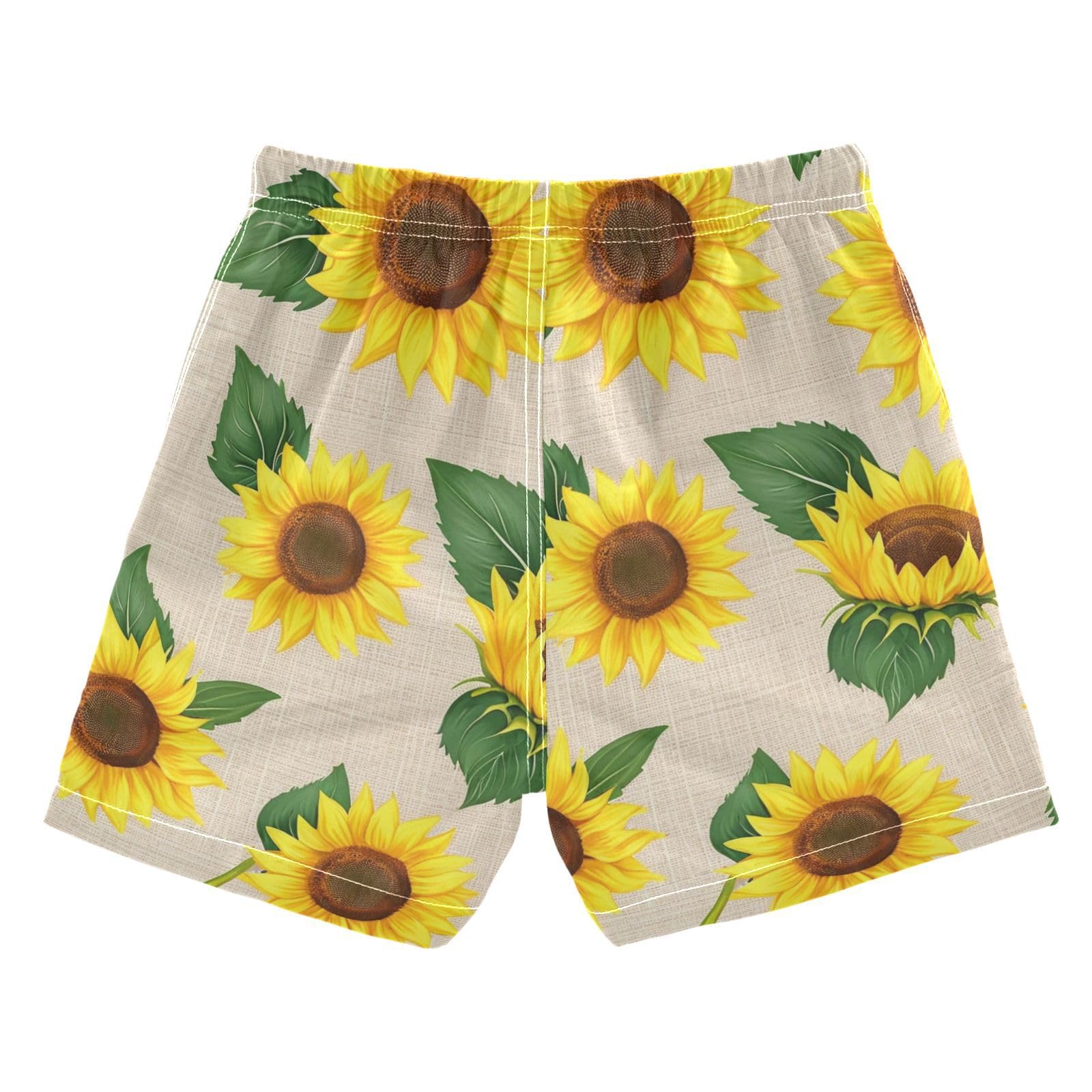 FLildon Vivid Sunflowers Yellow Little Boys Swim Trunks with Mesh Lining Quick Dry Beach Board Shorts, 3T