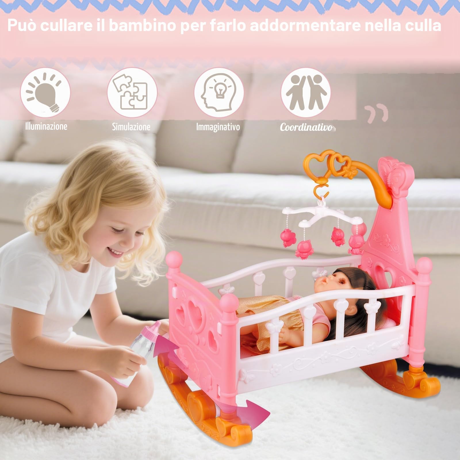 RedCrab Set Bambola con Accessori, 32cm Bambola con Funzione di Alimentazione, Lettino, Seggiolone, Vestiti, Biberon, Tettarella, Vasino e Pannolini, Giocattolo Regalo per Bambina 3+ Anni