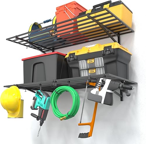 Paquete de 2 estantes de garaje resistentes con ganchos, estante de almacenamiento de garaje para montaje en pared para sala de herramientas, sala