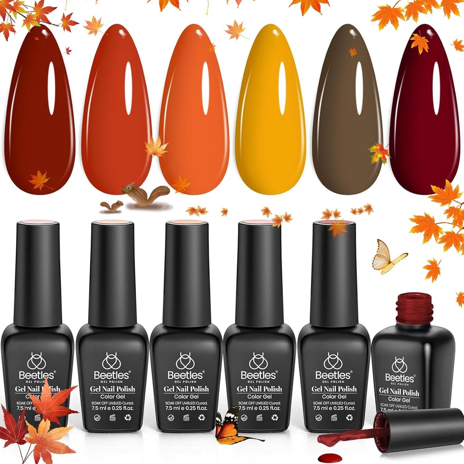 Beetles Fall Gel Nail Polish Set - 6 Colors Burgundy Red Orange Yellow Brown Gel Polish Kit for Nails, Autumn Leaves Soak Off UV LED Nail Gel Manicure at Home Gifts for Women - Amazon product rated Grade A