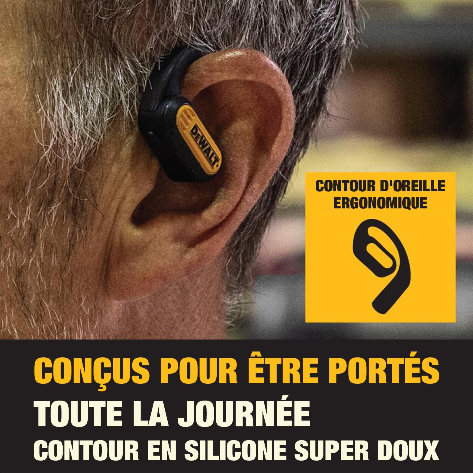 DEWALT Jobsite Écouteurs Ouverts très résistants Bluetooth 5.3 sans Fil avec 44 Heures d'autonomie, Son de qualité supérieure, véritable Conduction d'air sans Fil, écouteurs Ouverts avec Crochets