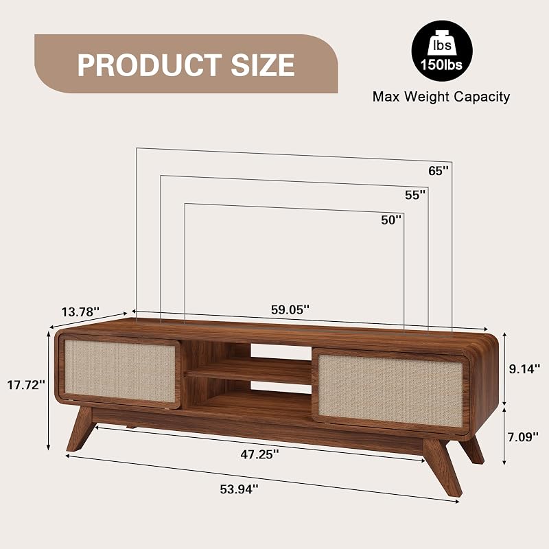 AVZEAR Mid Century Modern TV Stand for TVs up to 65'', Farmhouse Entertainment Center with Storage, TV Cabinet Table with Nature Linen Doors, Media Console TV Consoles for Living Room Bedroom (Walnut) image 3