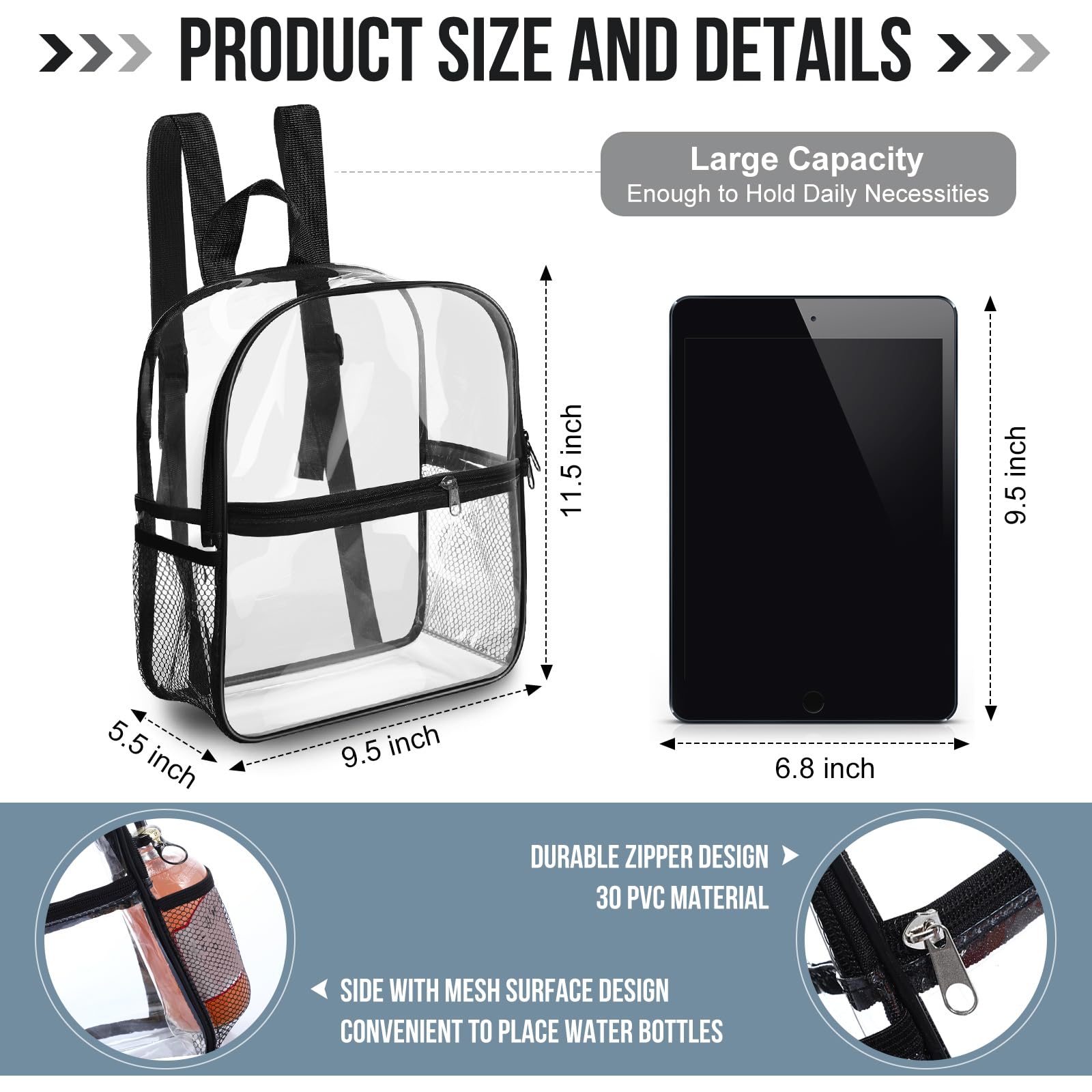 Sweetude Zaino trasparente sfuso 29,5 x 24,9 x 13 cm borsa Stadio approvato plastica trasparente zaino con 2 supporti per acqua