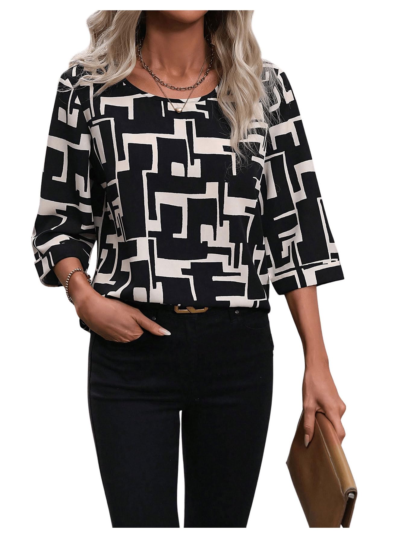 GORGLITTER Blusa elegante para mujer, manga 3/4, túnica estampada, blusa de gasa para oficina