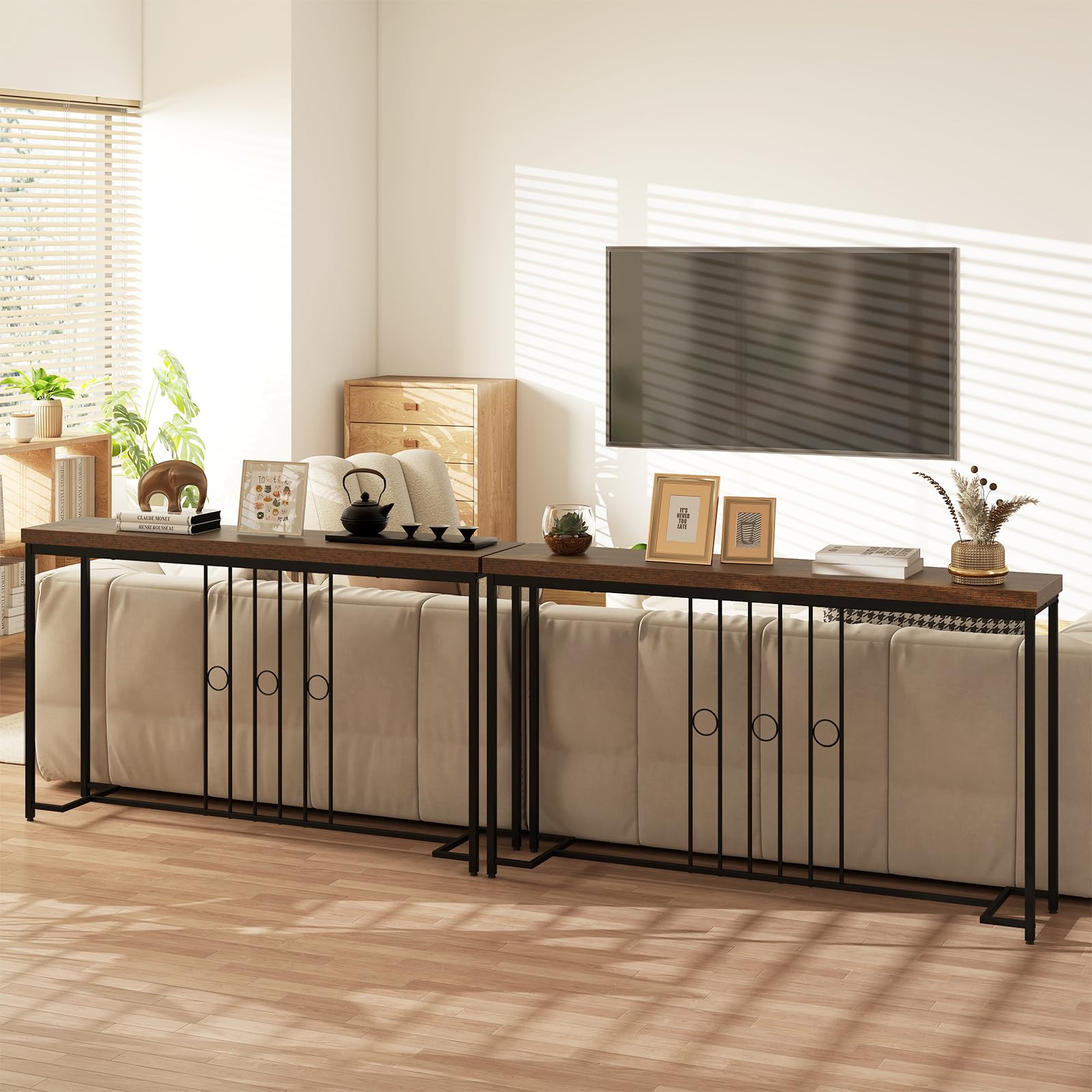 LIFEZEAL Consolle Ingresso, 140x30x81cm, Tavolo Consolle, Industriale, Lungo, Salvasapzio, in Legno e Metallo, con Decorazioni a Linee e Anelli, Console Dietro Divano, Entrata, Corridoio, Marrone