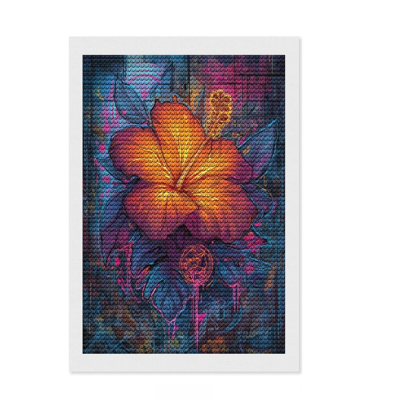Junmoney Vibrant Hibiscus Art Diamond Painting Kit 8"x12", Neat Printed Canvas, Sparkling Round Gems, Fun Craft Experience, Office Decor