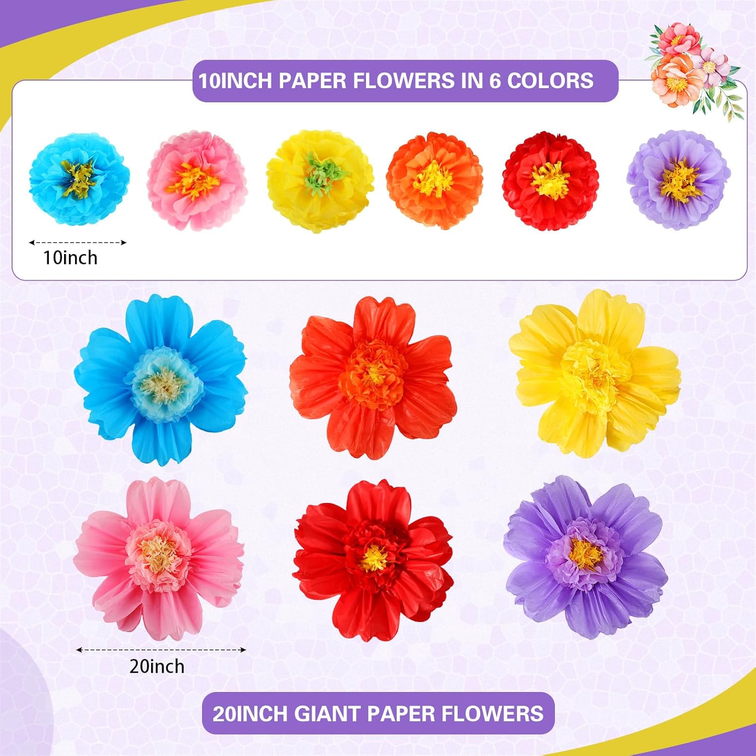 Crowye 12 Pcs Large Colorful Tissue Paper Flowers Decorations 20 Giant Fiesta Craft Crepe Paper Flowers for Wall Decor Backdrop Mexican Wedding Birthday Carnival Party (Cute Color) Multicolored 12
