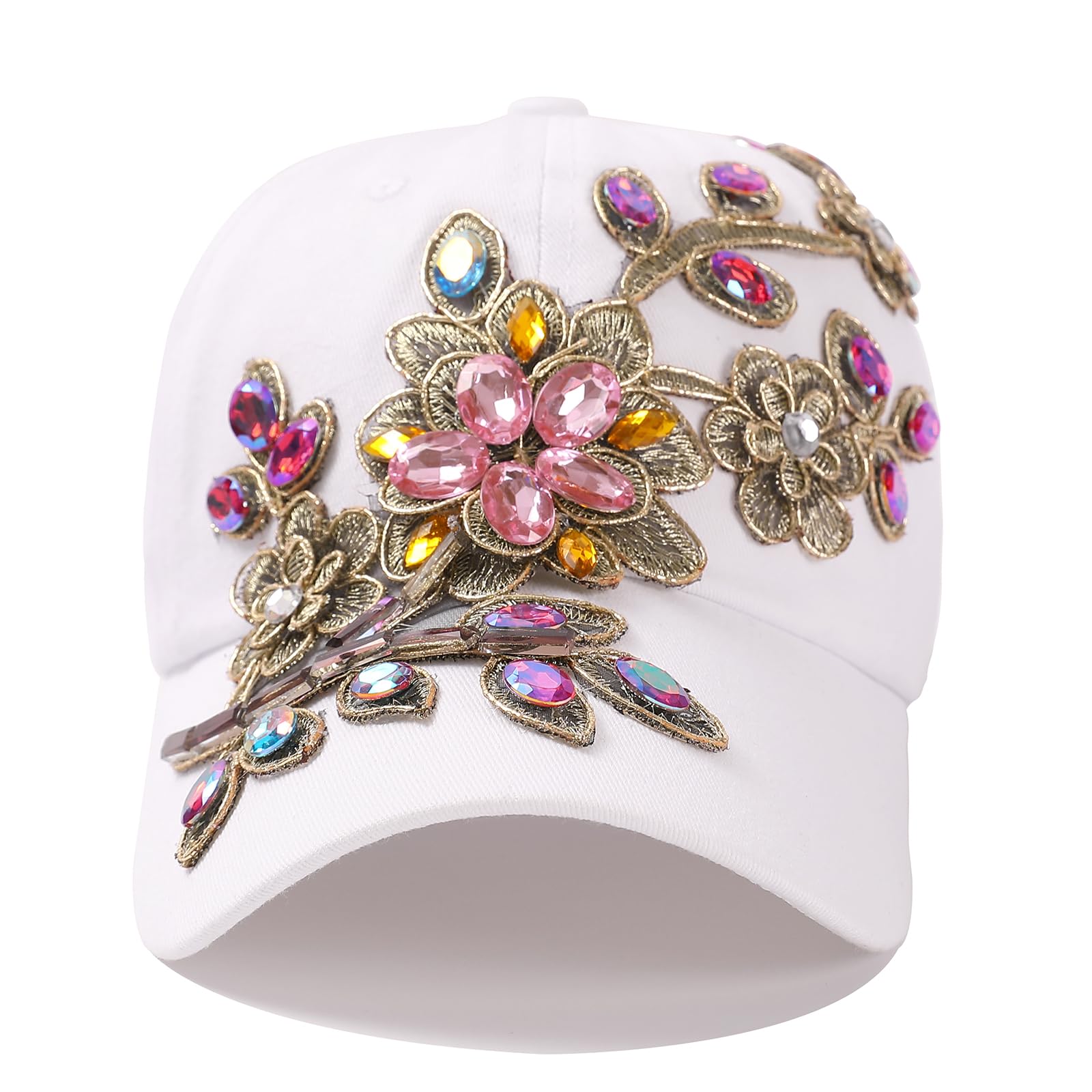 Women Rhinestone Baseball Cap Bejeweled Bling Cap Distressed Denim Sun Hat Adjustable (D-White)