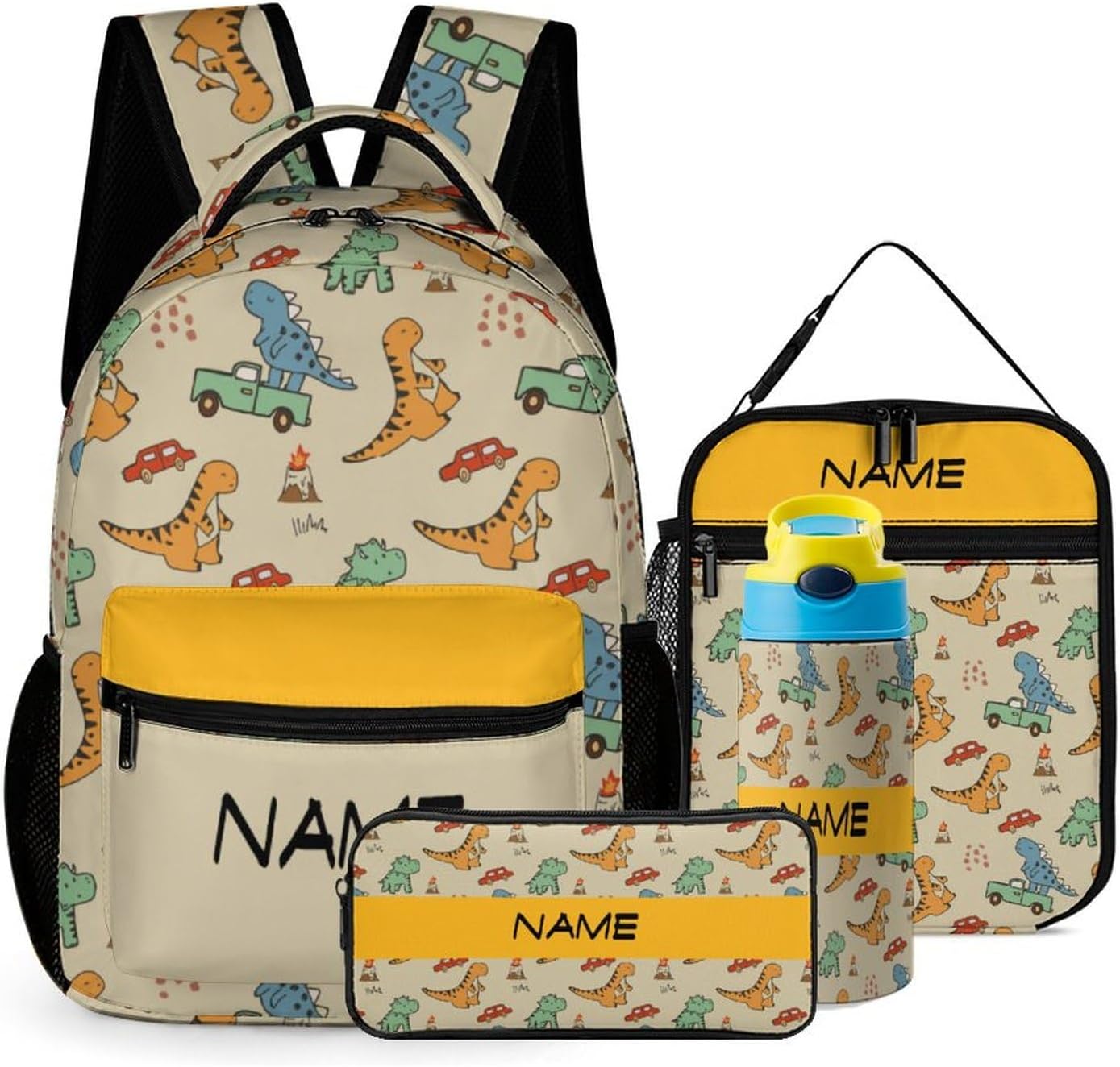 Custom Cute Dinosaur Car Kids Backpack for Girls Boys Personalized Add Your Name 4Pcs School Bag with Lunch Bag Pencil Bag Water Bottle Customization Backpack Set