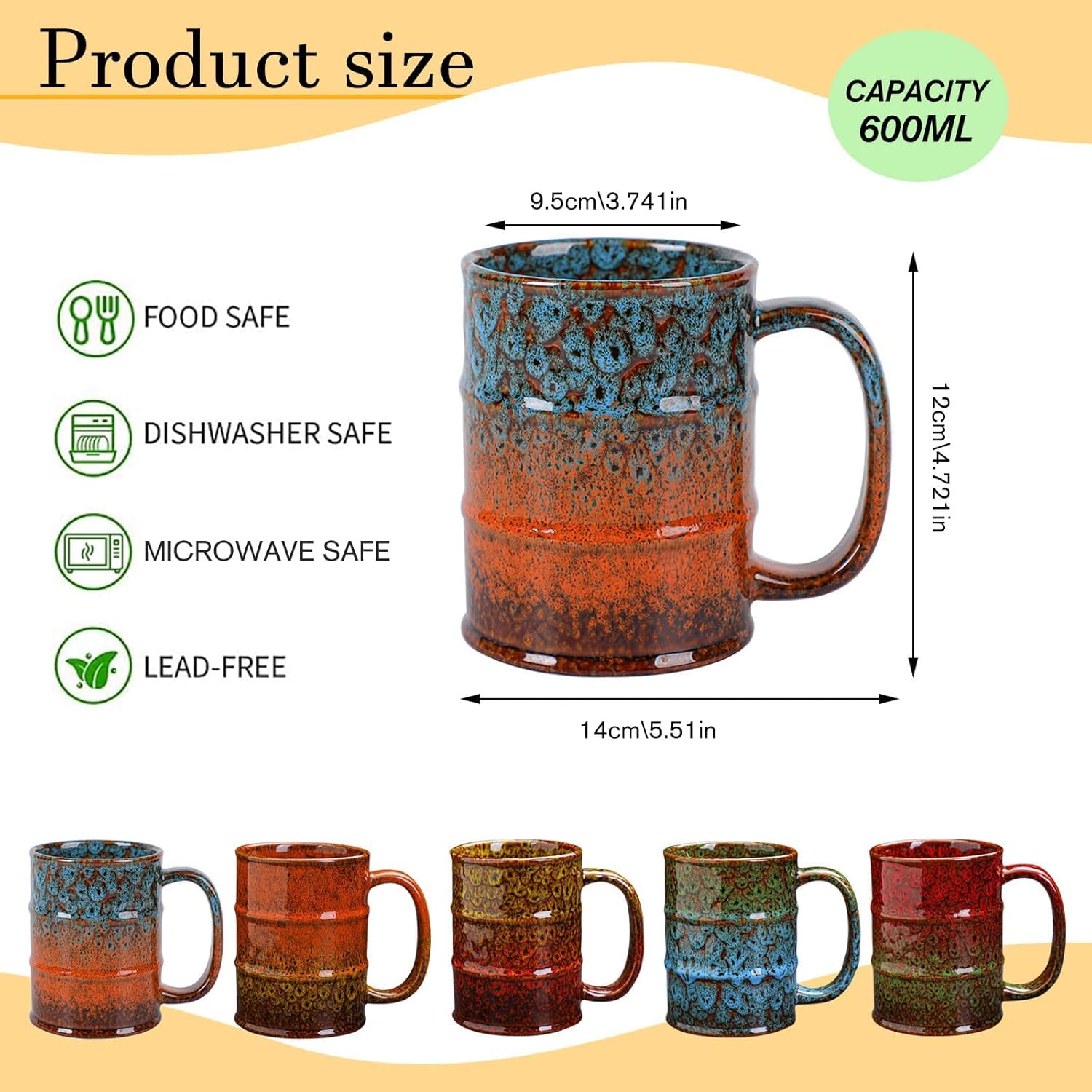 Taza de café, taza de café de cerámica de 20 onzas, taza de café grande para oficina y hogar, taza de café de cerámica apta para lavavajillas y microondas (4, verde y azul)