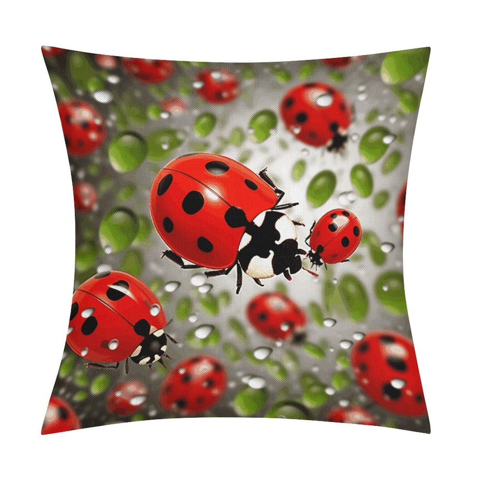 LZQPOEAS Ladybug Throw Pillow Covers, Waterproof Faux Linen Pillow Cases with Invisible Zipper, Decorative Square Cushion Covers for Sofa Couch Living Room Bedroom 18x18 Inch